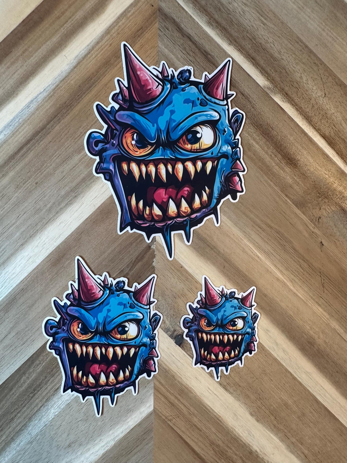 Blue Horned Monster Vinyl Sticker | Scary Creature Decal | Laptop Horror Art | Waterproof Car Stickers