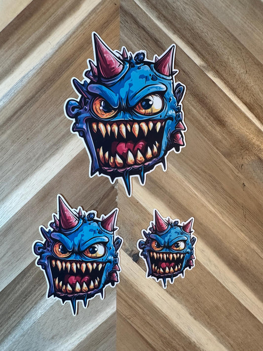 Blue Horned Monster Vinyl Sticker | Scary Creature Decal | Laptop Horror Art | Waterproof Car Stickers