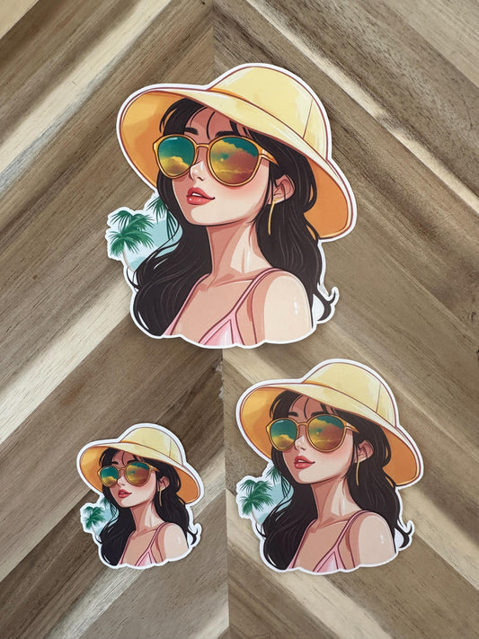 Beach Girl Sticker: Tropical Palm Tree Reflection, Laptop Decal