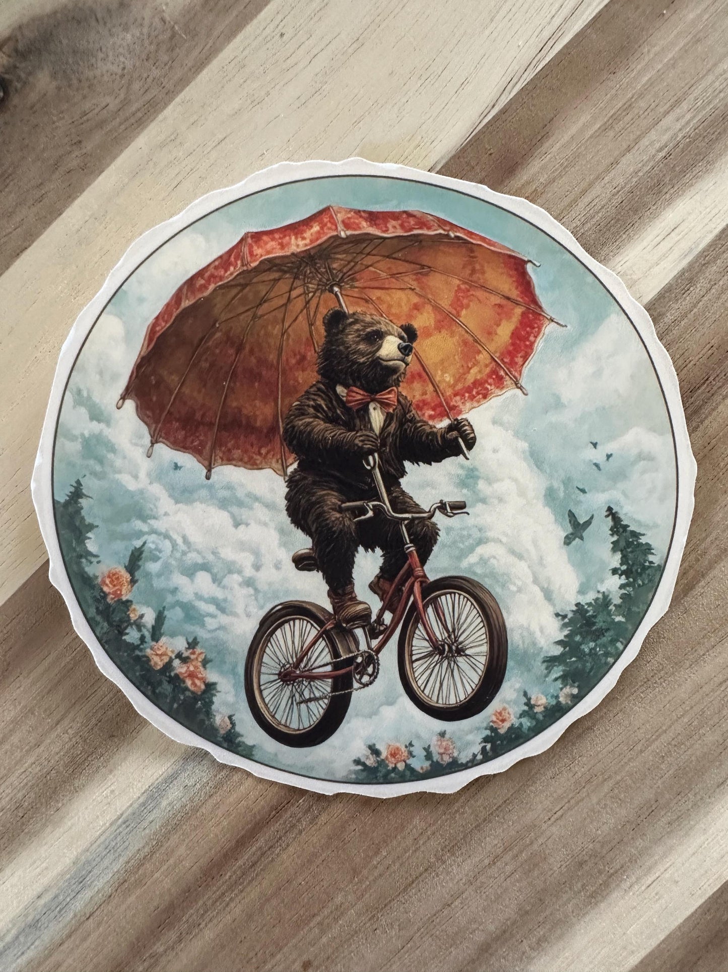 Charming Rainy Day Bicycle Ride Sticker - Whimsical Bear Vinyl Decal