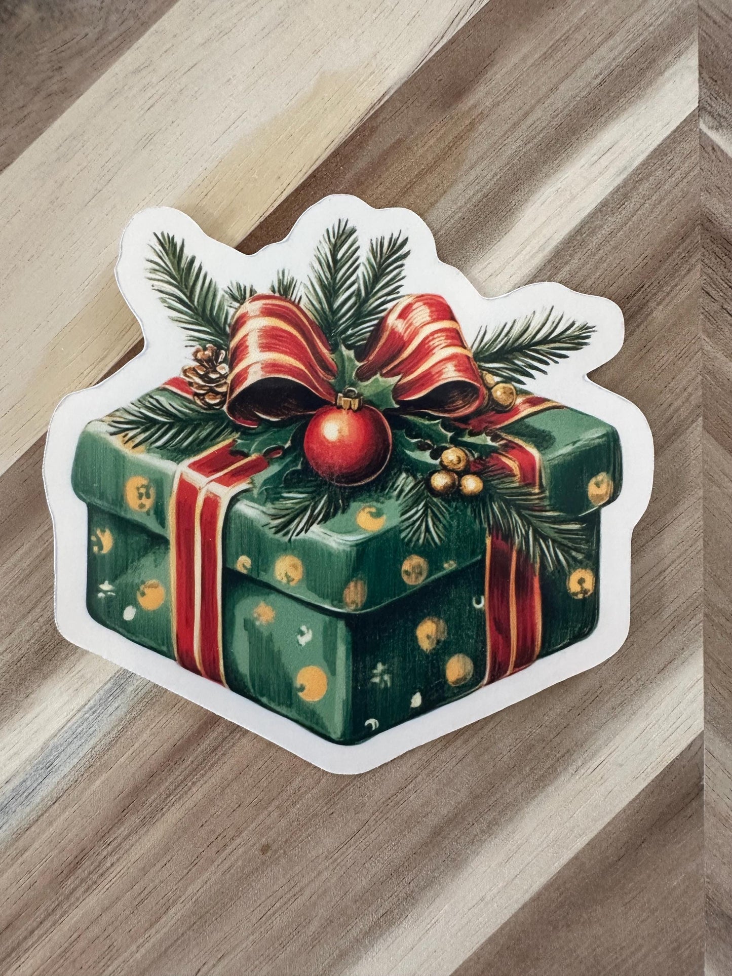 Vintage Christmas Present Die-Cut Sticker | Holiday Gift Box Design