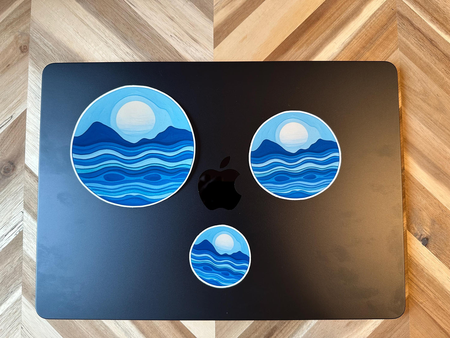 Ocean Waves Sticker: Minimalist Blue Mountain & Moon Decal