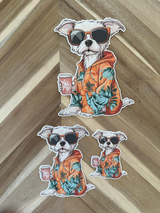 Maltese Pup Hawaiian Hoodie Sticker | Cool Dog with Coffee | Tropical Vibes Pet Decal | Funny Maltese Gift | Laptop, Water Bottle Decoration