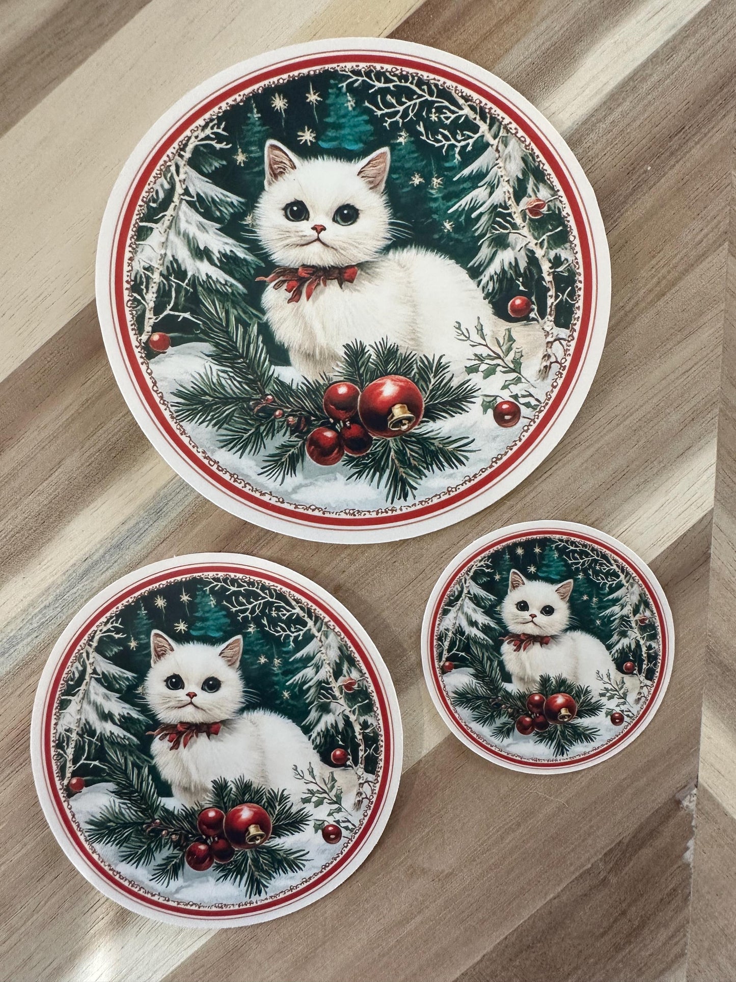 Vintage White Cat Christmas Sticker: Holiday Winter Design