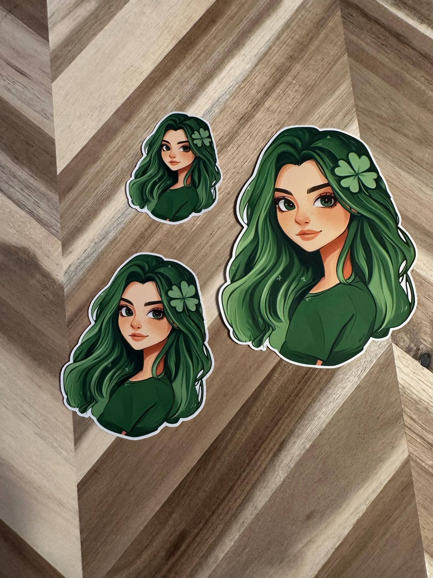 Green Hair Shamrock Girl Sticker: Irish Anime Art Vinyl Decal