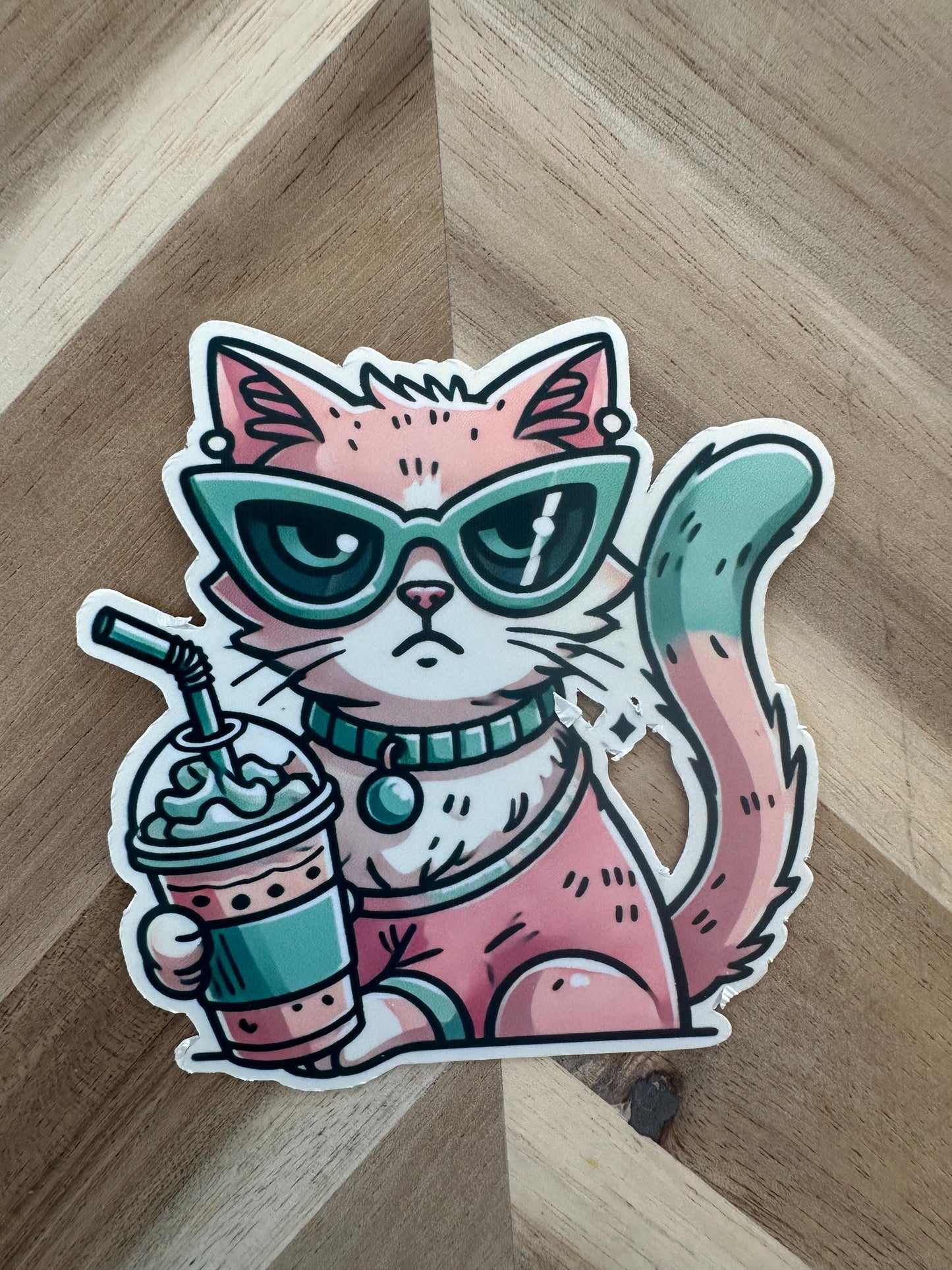 Cool Coffee Cat Sticker | Grumpy Pink Kitty Die Cut Vinyl Decal | Waterproof Laptop Sticker | Cat Lover Gift | Kawaii Iced Coffee