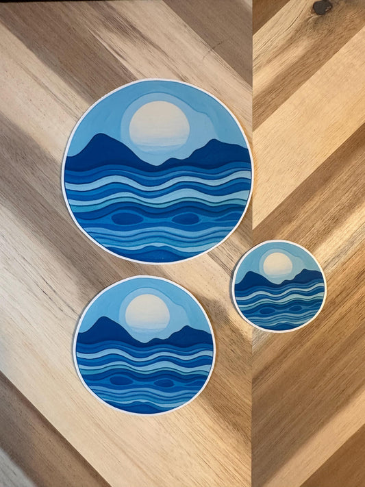 Ocean Waves Sticker: Minimalist Blue Mountain & Moon Decal