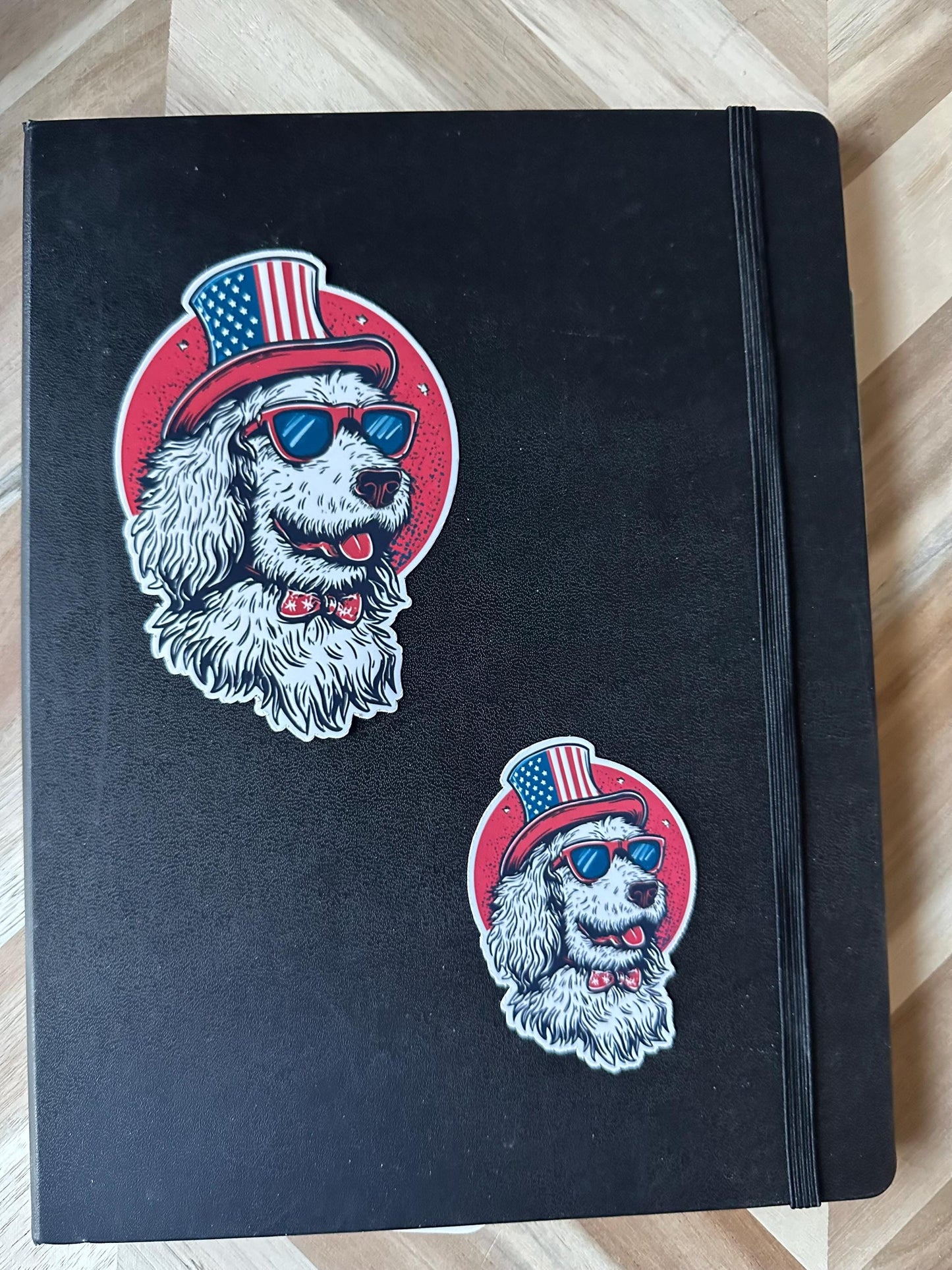 Patriotic Doodle Dog Sticker: American Flag Hat, Sunglasses - 4th of July Decal