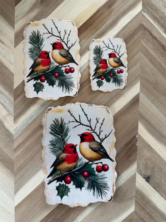 Vintage Christmas Birds Decorative Sticker - Red Finch Pair with Holly