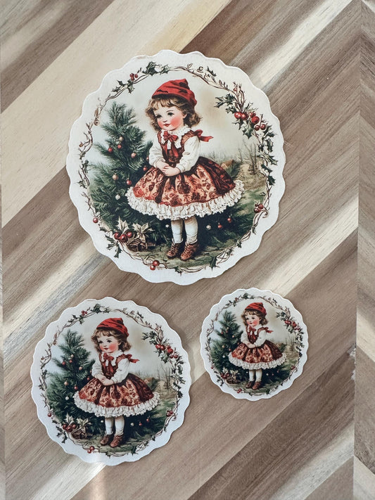 Victorian Christmas Girl Die-Cut Sticker | Vintage Holiday Ephemera
