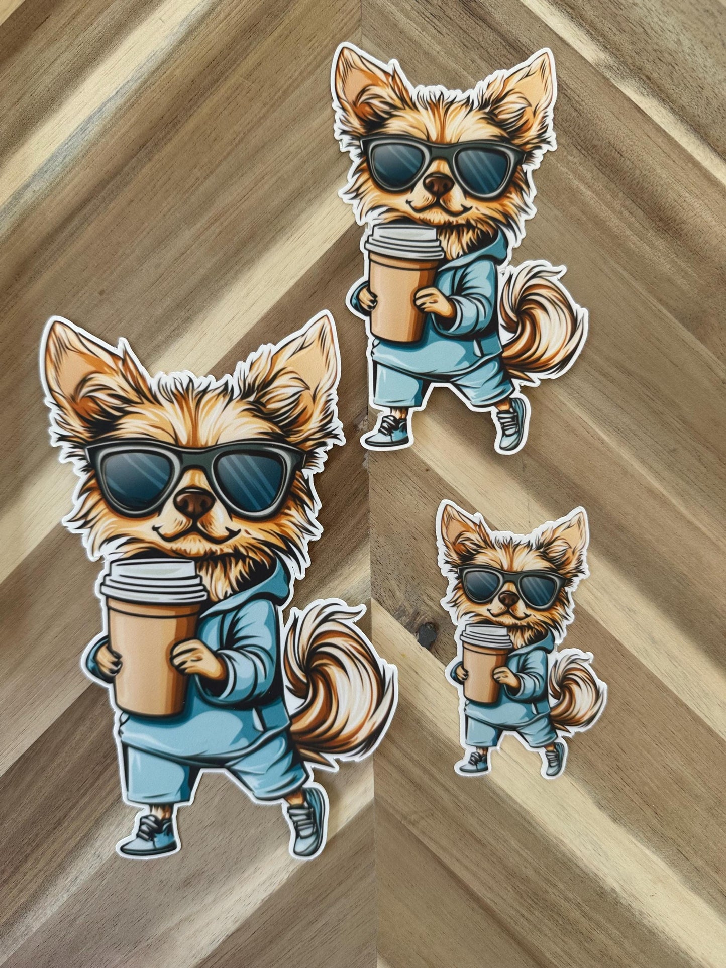 Cool Yorkie Vinyl Sticker | Yorkshire Terrier with Coffee | Cute Dog Decal | Pet Lover Gift | Laptop, Water Bottle, Car Decoration