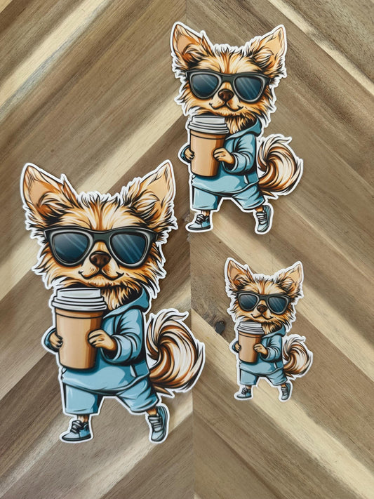 Cool Yorkie Vinyl Sticker | Yorkshire Terrier with Coffee | Cute Dog Decal | Pet Lover Gift | Laptop, Water Bottle, Car Decoration