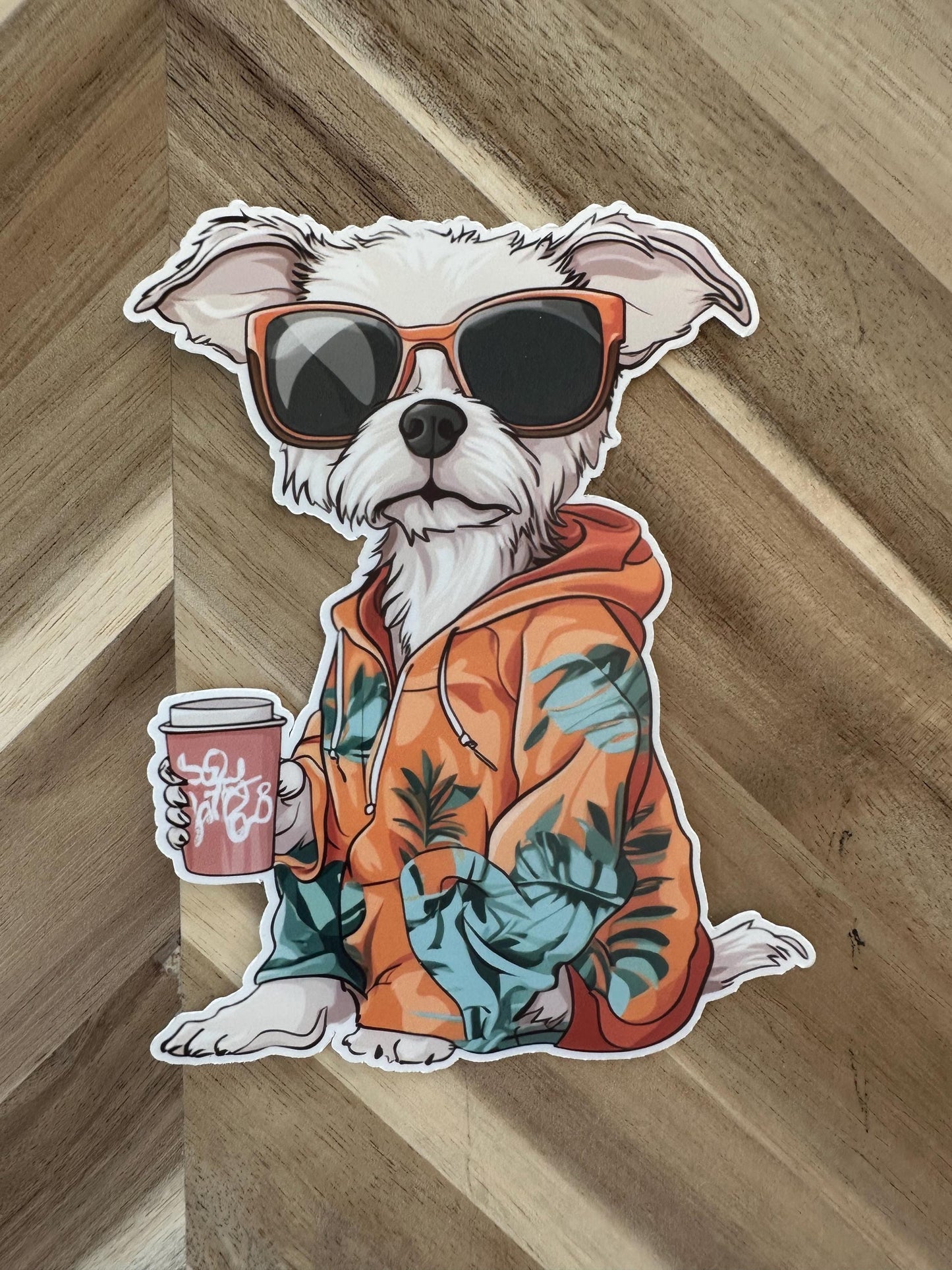 Maltese Pup Hawaiian Hoodie Sticker | Cool Dog with Coffee | Tropical Vibes Pet Decal | Funny Maltese Gift | Laptop, Water Bottle Decoration