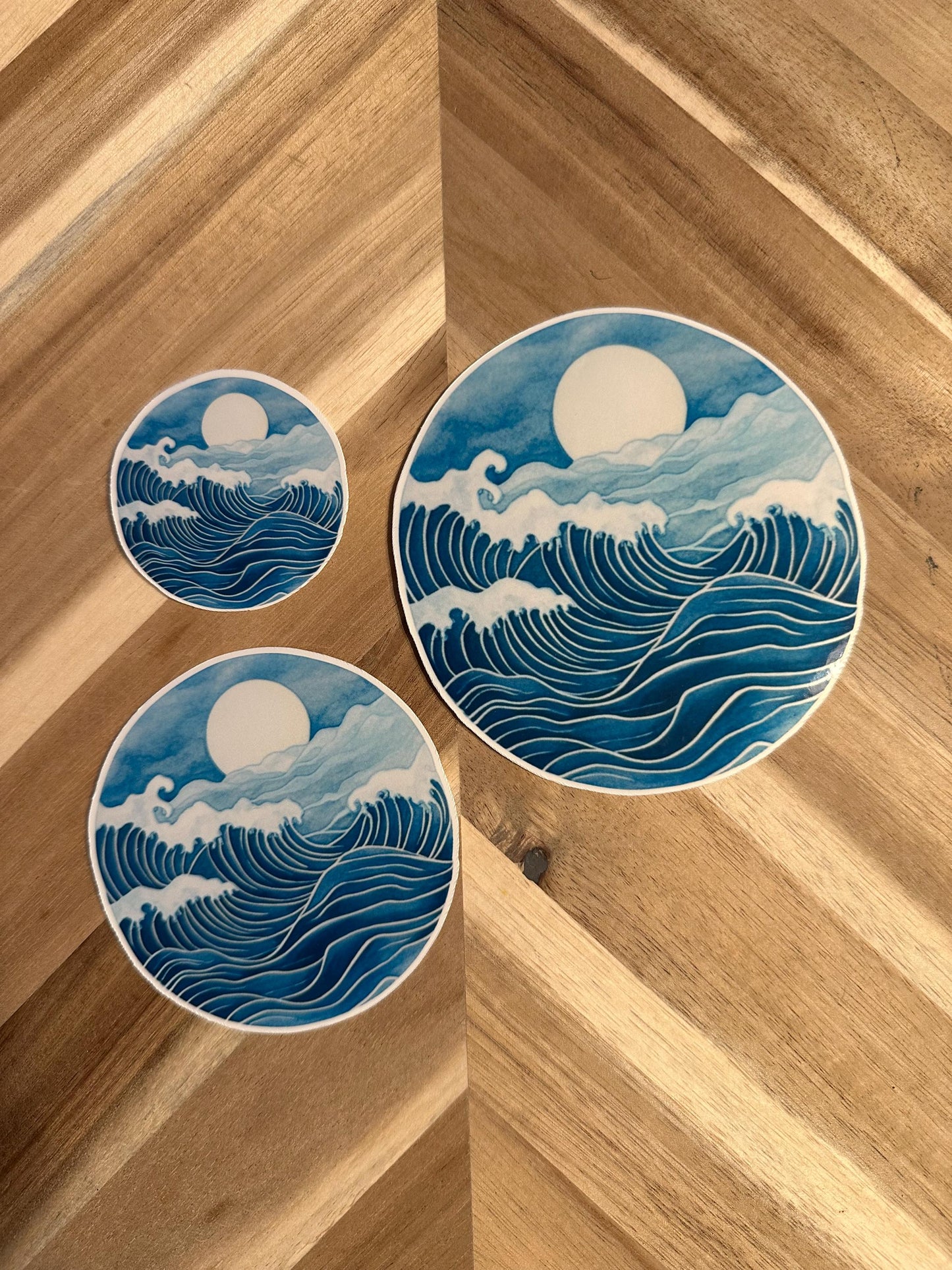 Japanese Wave Sticker: Ocean Moon Art, Blue Surf Decor