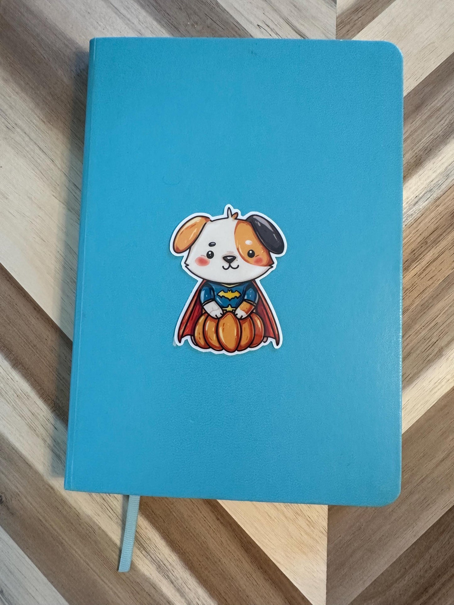 Cute Halloween Superhero Dog Sticker - Puppy in Pumpkin with Cape Vinyl Sticker