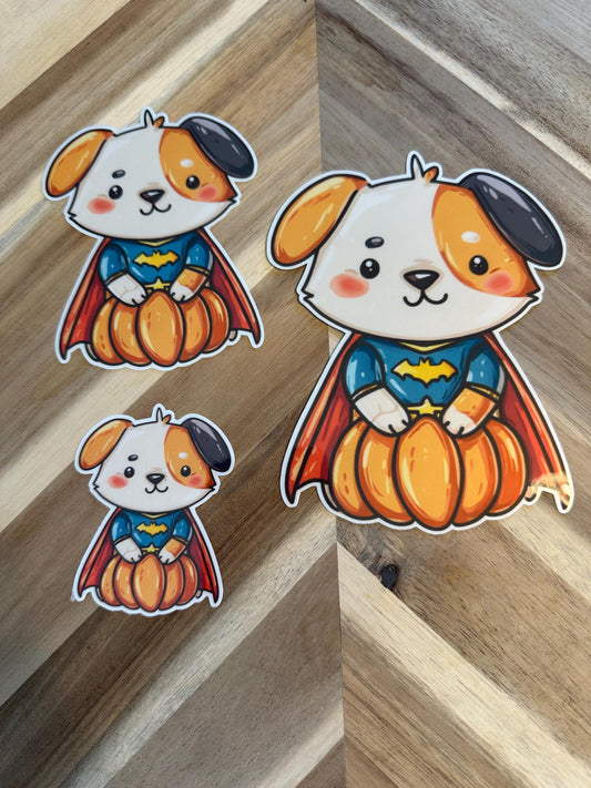 Cute Halloween Superhero Dog Sticker - Puppy in Pumpkin with Cape Vinyl Sticker