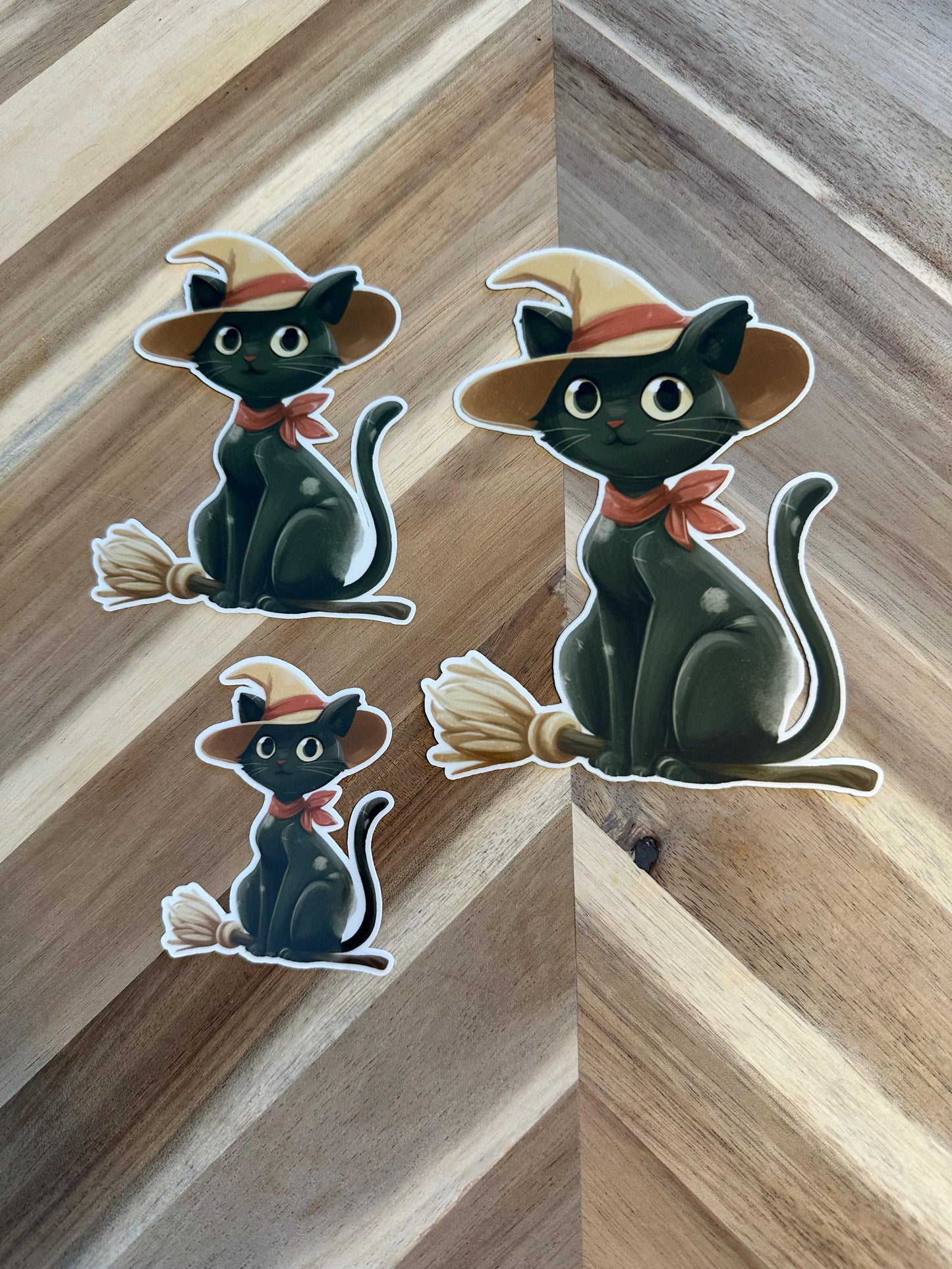 Vintage Halloween Black Cat Witch Sticker - Retro Cat on Broomstick Vinyl Sticker