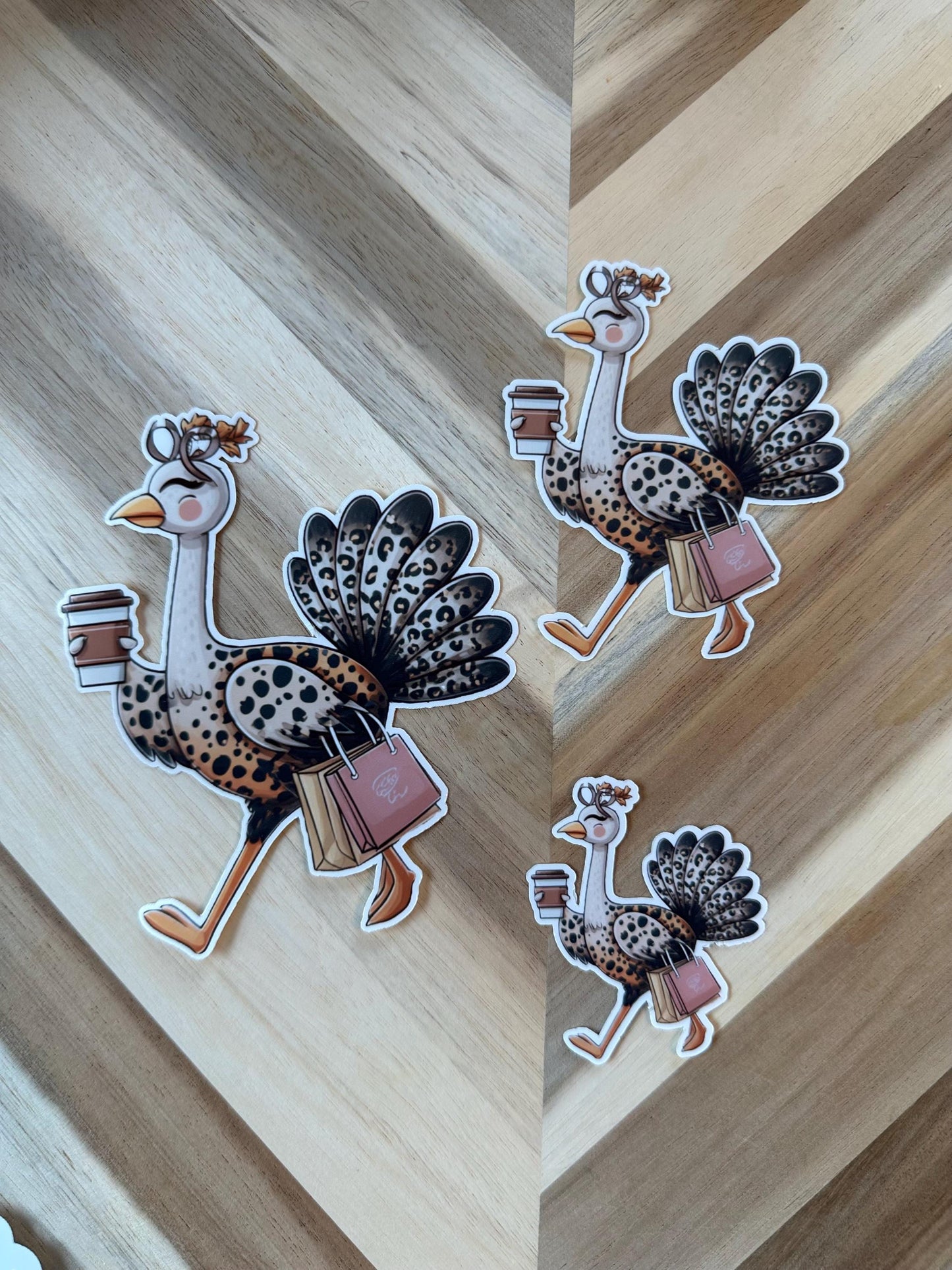 Fashionable Turkey Sticker - Leopard Print Turkey with Coffee and Purse Vinyl Sticker