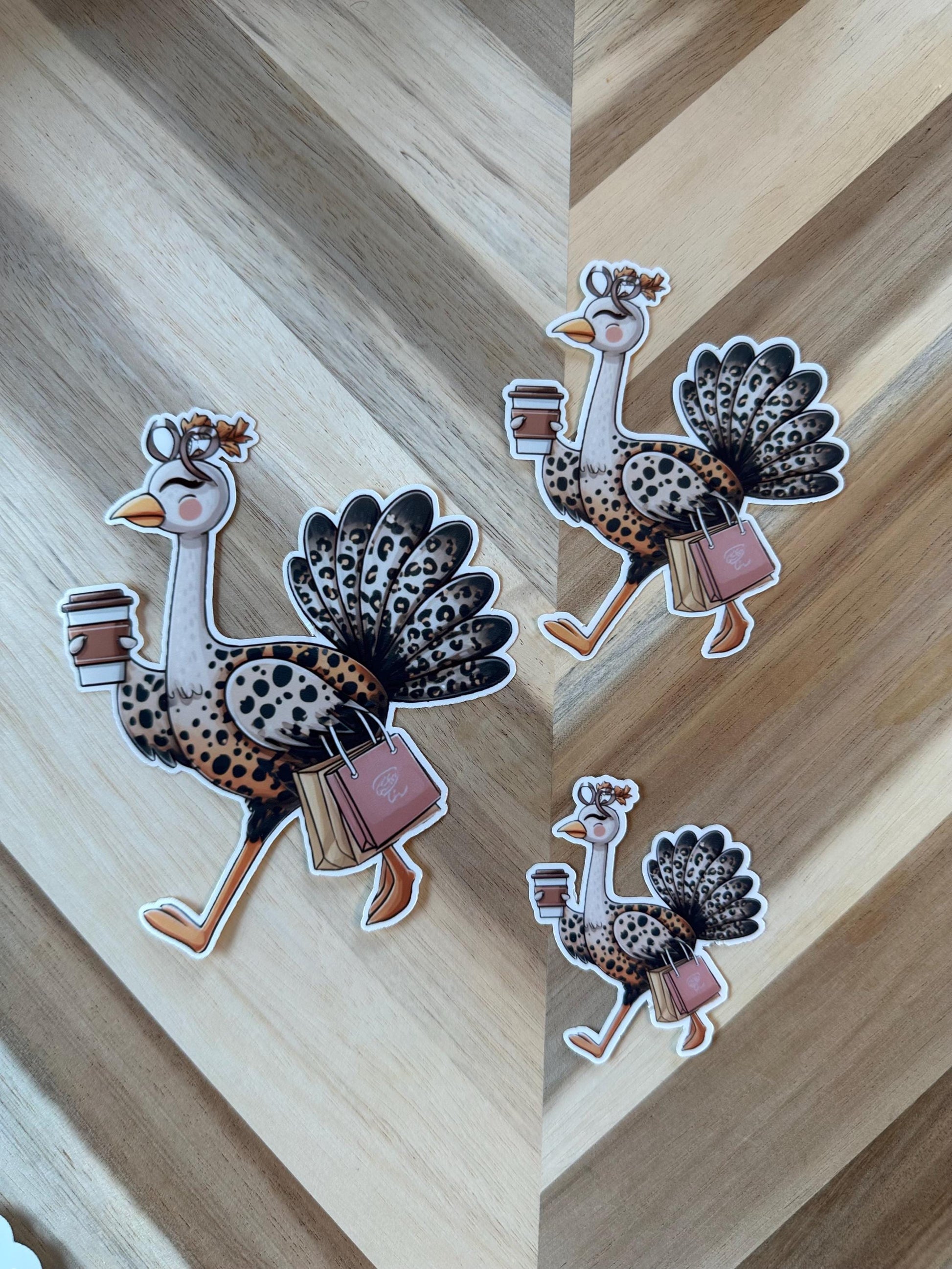 Fashionable Turkey Sticker - Leopard Print Turkey with Coffee and Purse Vinyl Sticker