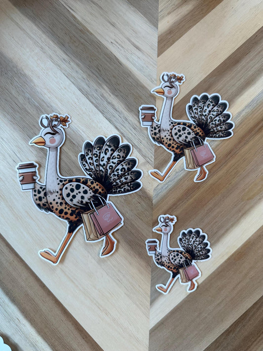 Fashionable Turkey Sticker - Leopard Print Turkey with Coffee and Purse Vinyl Sticker