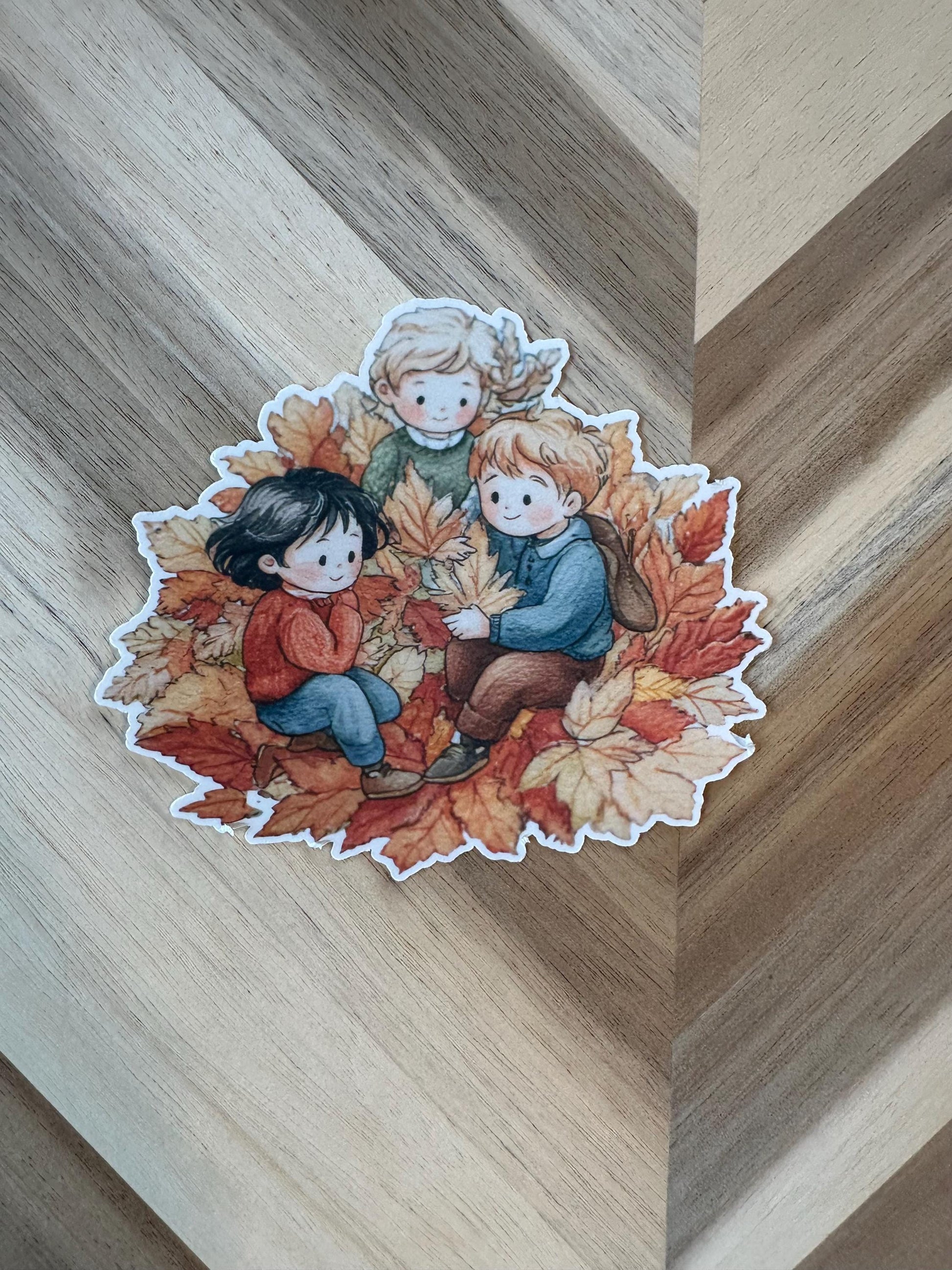 Cute Fall Kids Playing in Leaves Sticker - Autumn Children Watercolor Vinyl Sticker