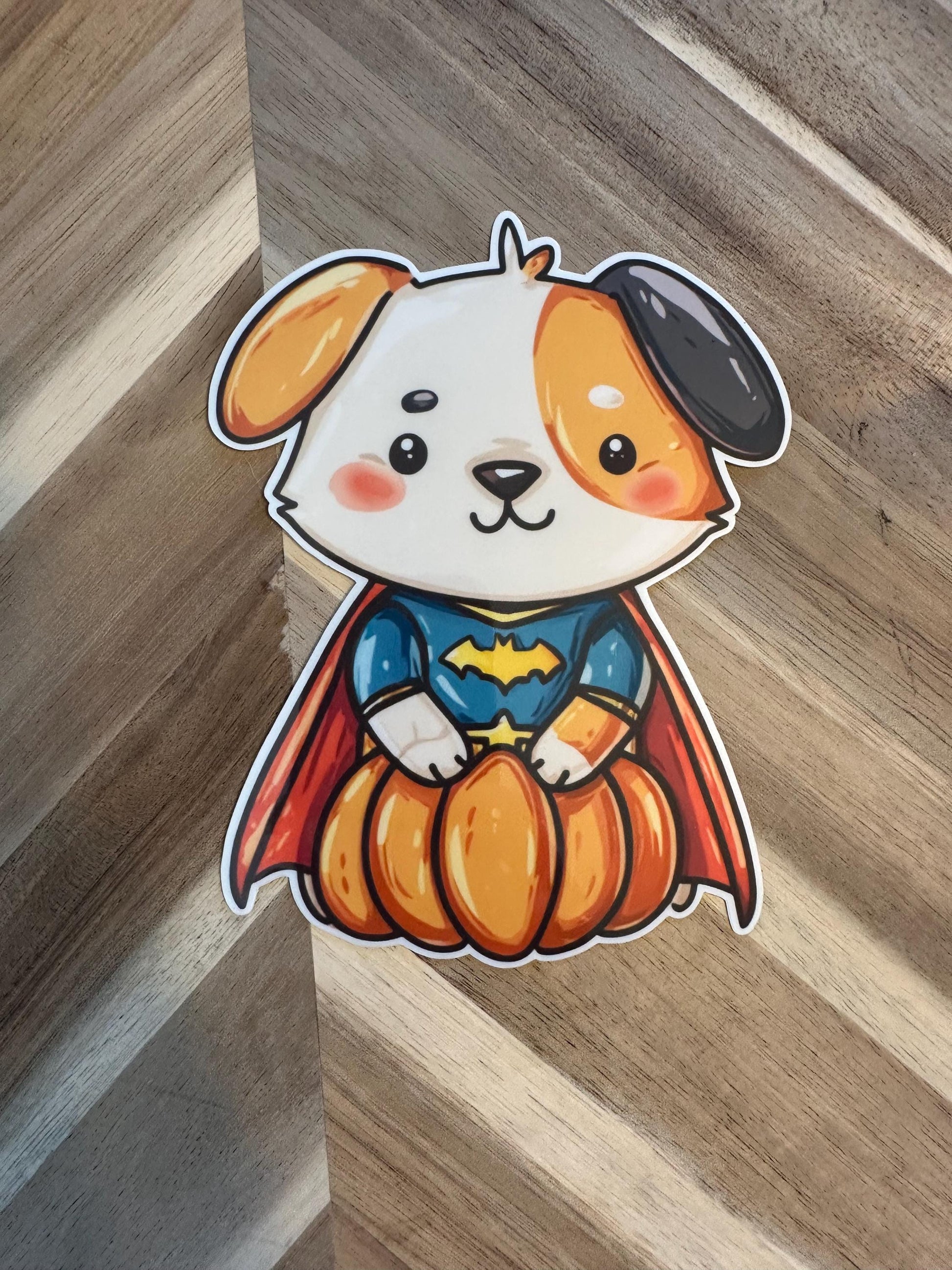 Cute Halloween Superhero Dog Sticker - Puppy in Pumpkin with Cape Vinyl Sticker