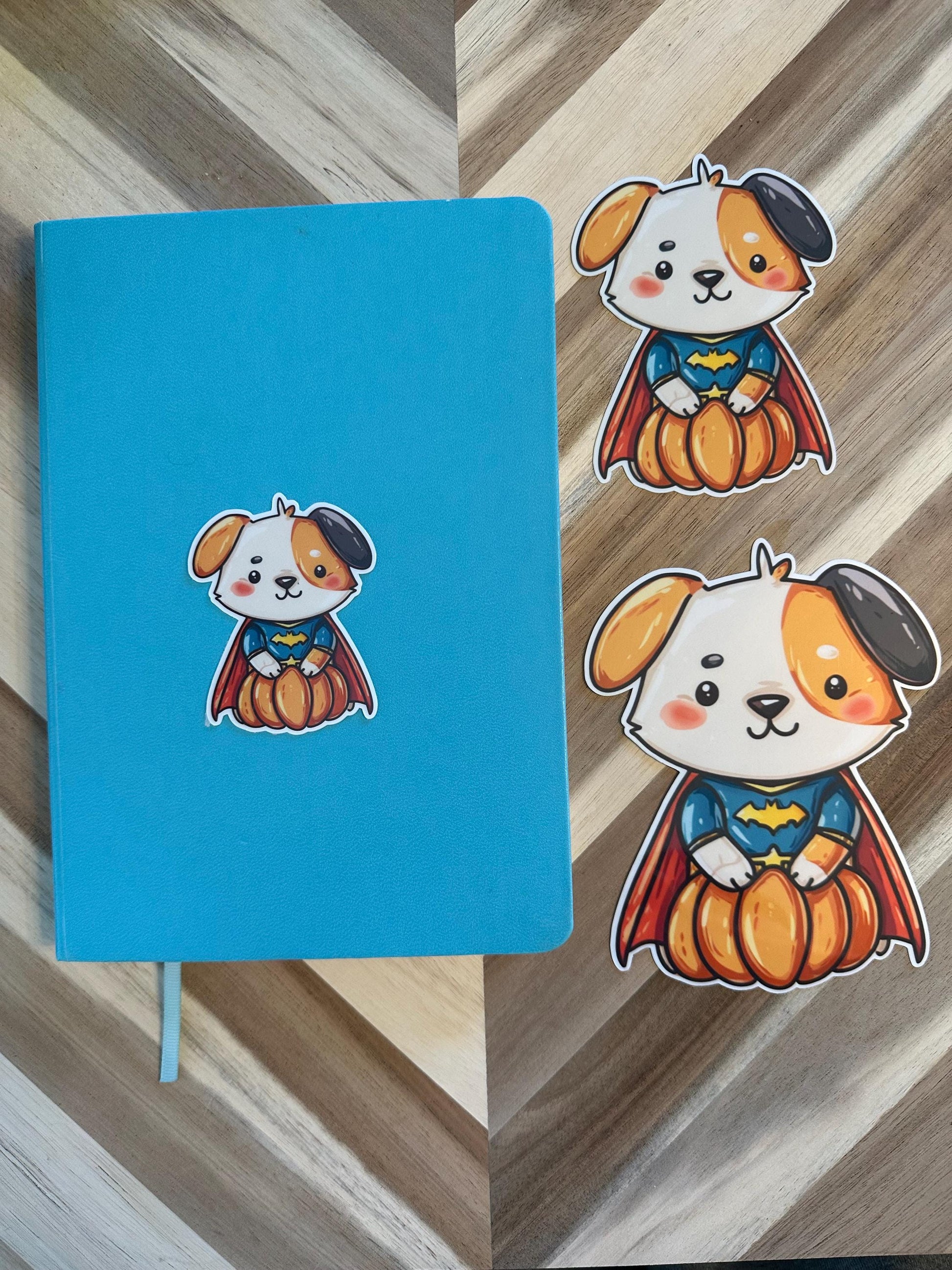 Cute Halloween Superhero Dog Sticker - Puppy in Pumpkin with Cape Vinyl Sticker