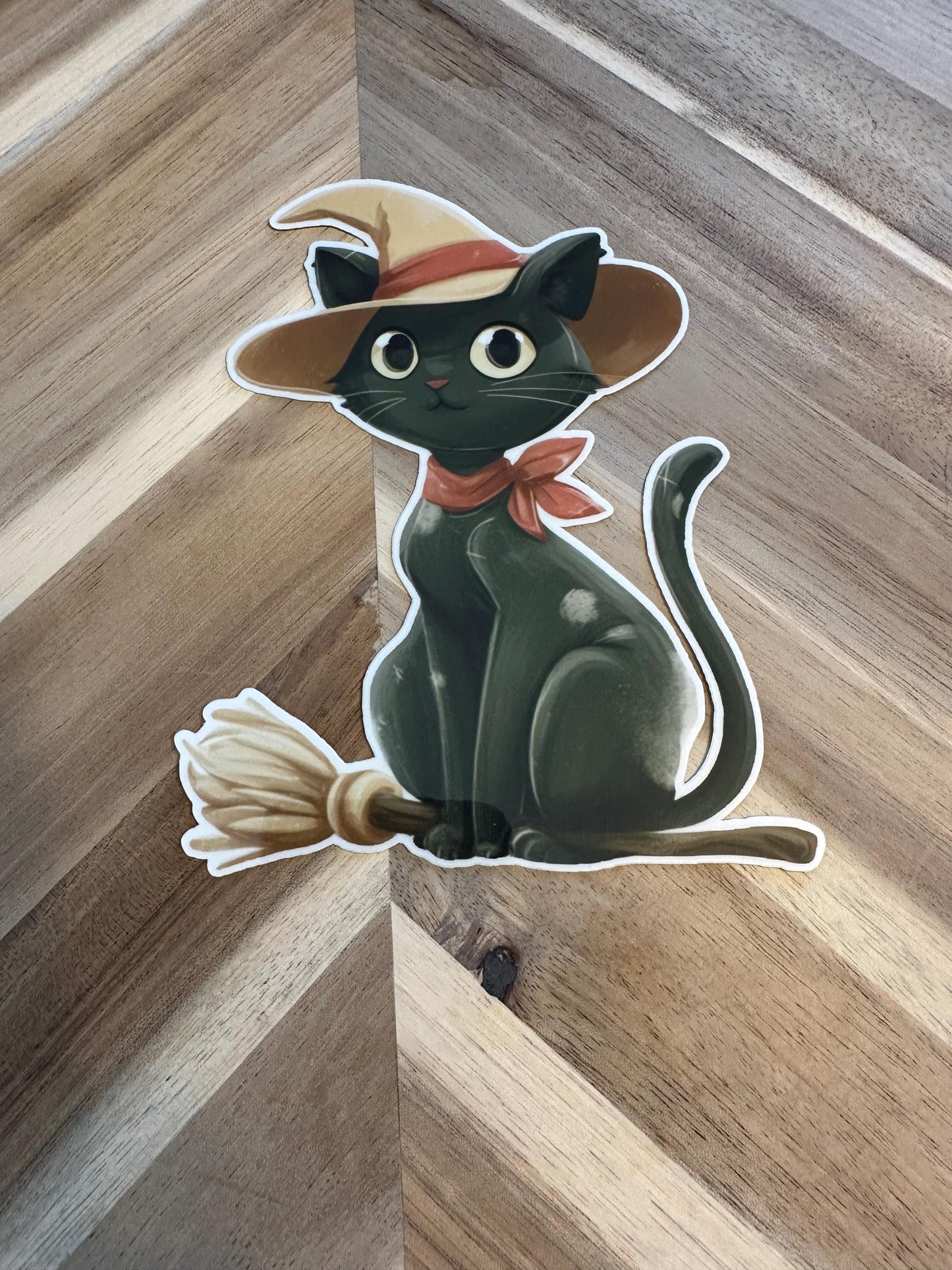 Vintage Halloween Black Cat Witch Sticker - Retro Cat on Broomstick Vinyl Sticker