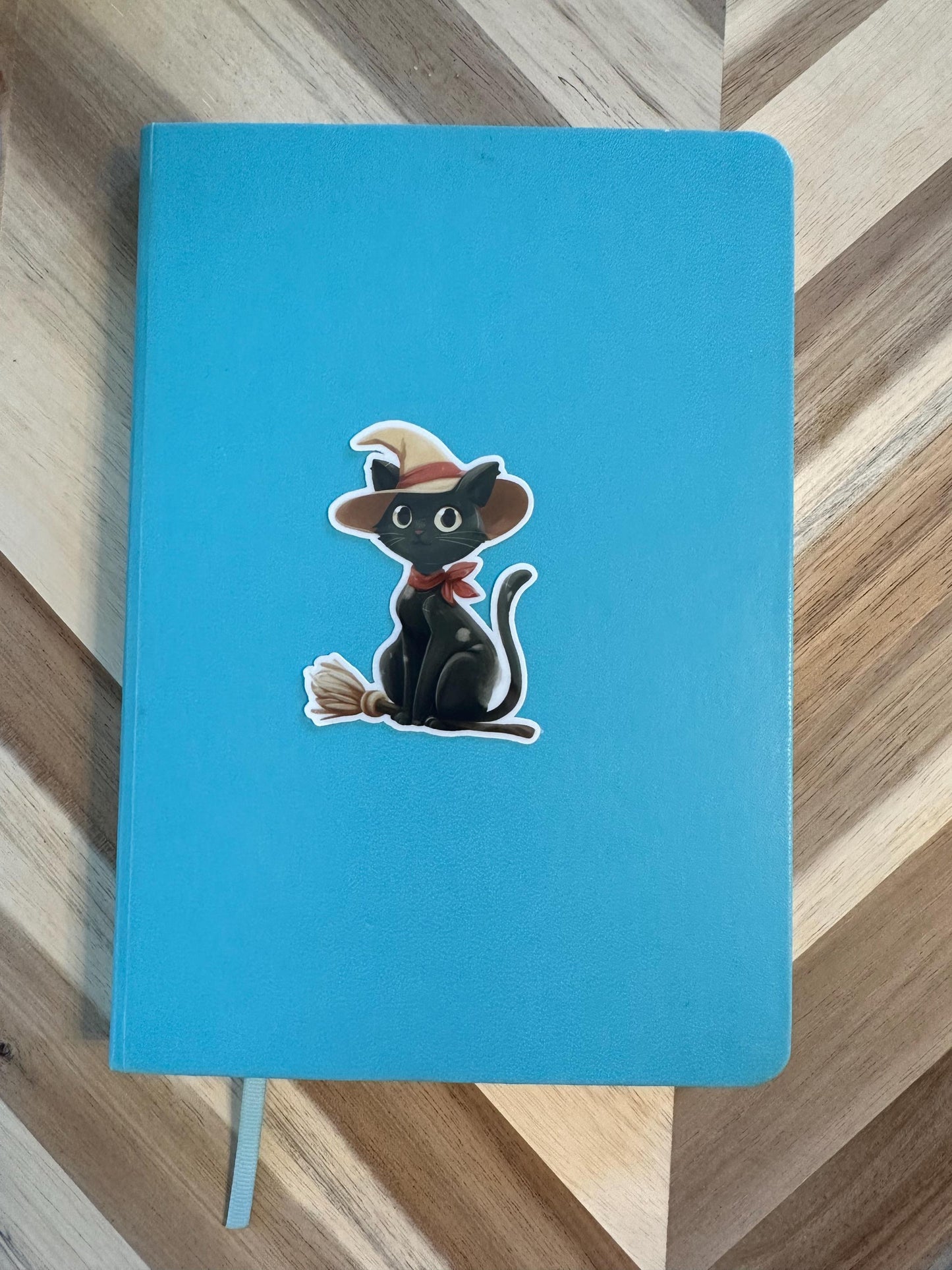 Vintage Halloween Black Cat Witch Sticker - Retro Cat on Broomstick Vinyl Sticker