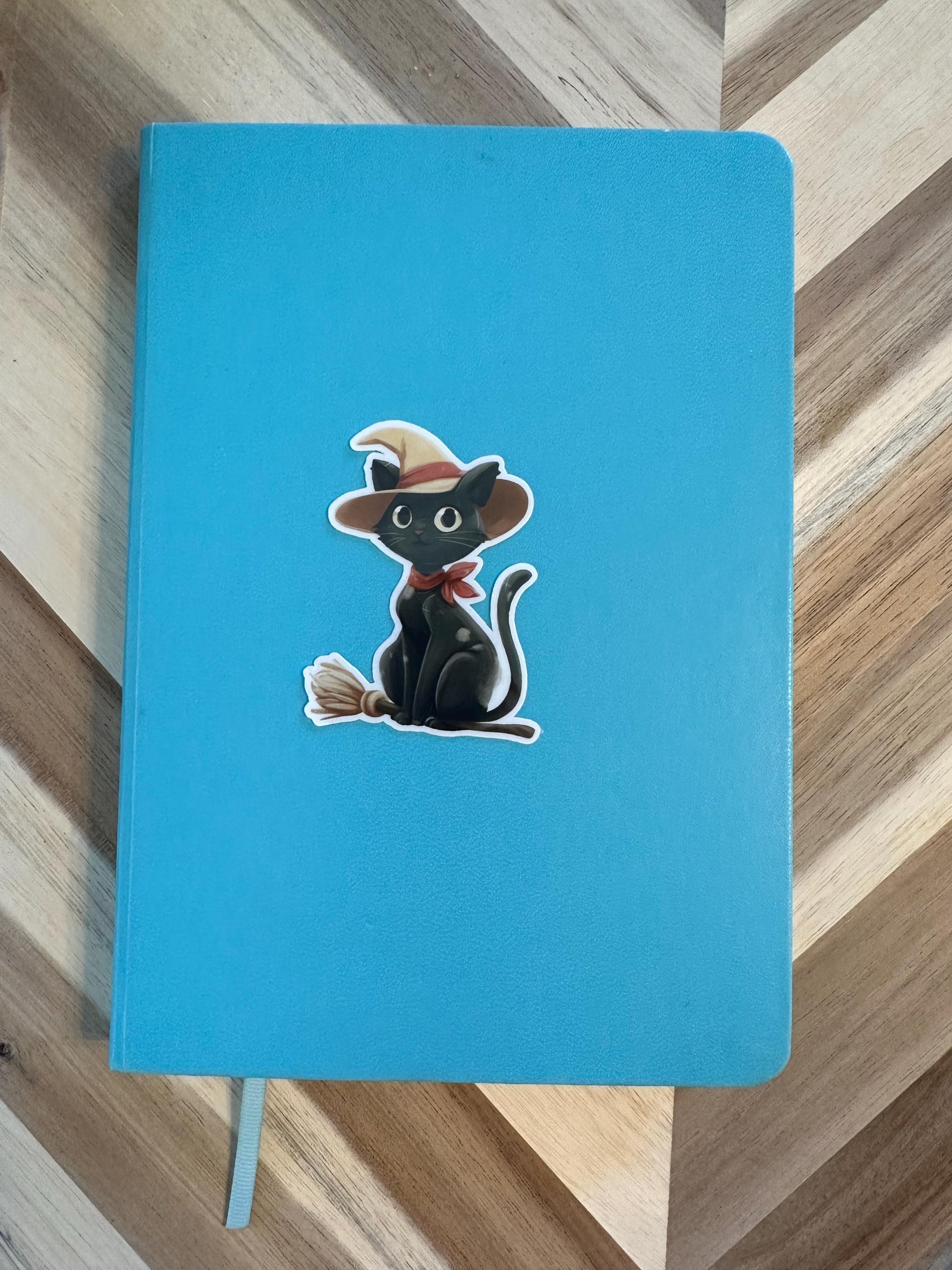 Vintage Halloween Black Cat Witch Sticker - Retro Cat on Broomstick Vinyl Sticker