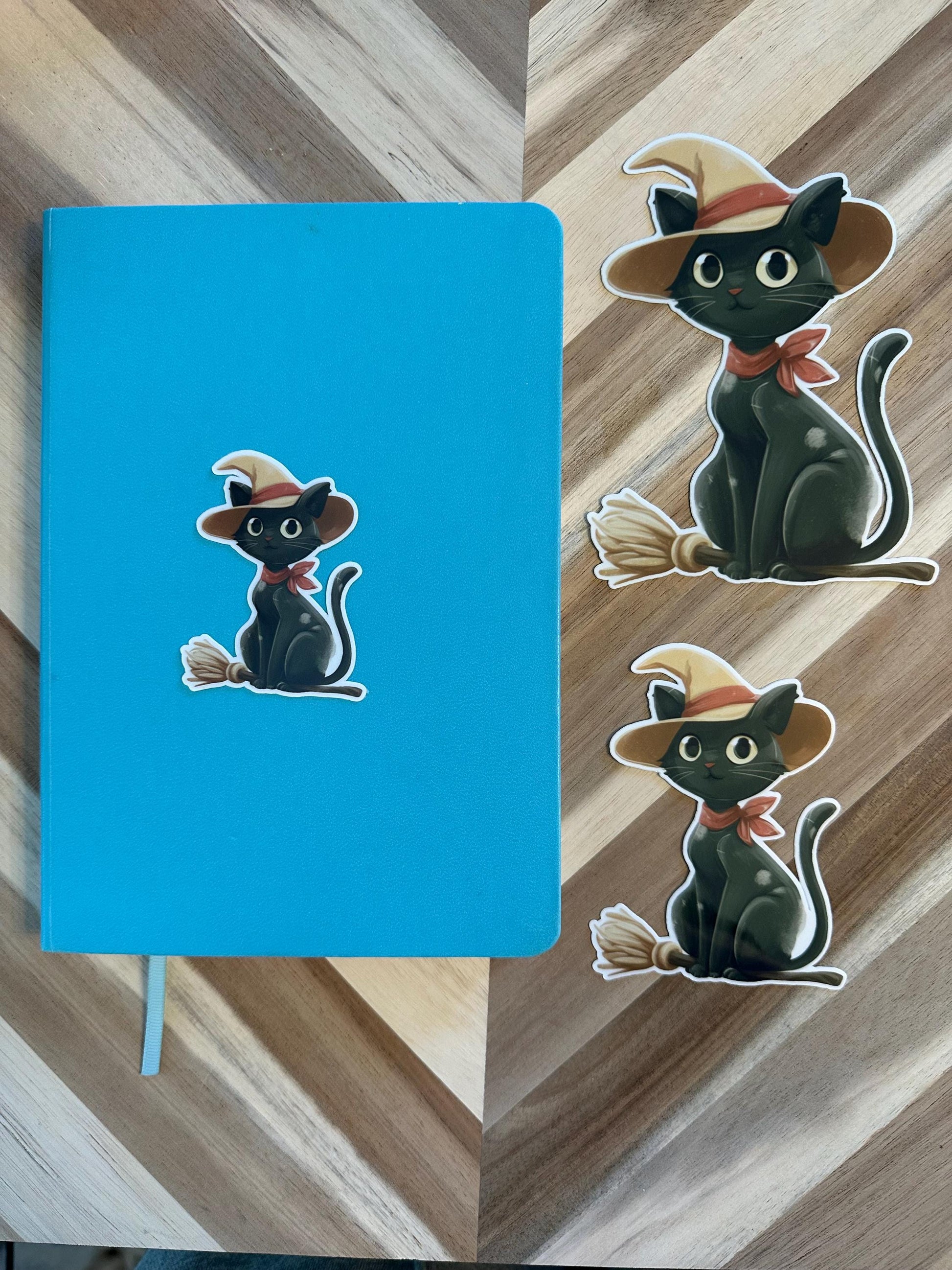 Vintage Halloween Black Cat Witch Sticker - Retro Cat on Broomstick Vinyl Sticker