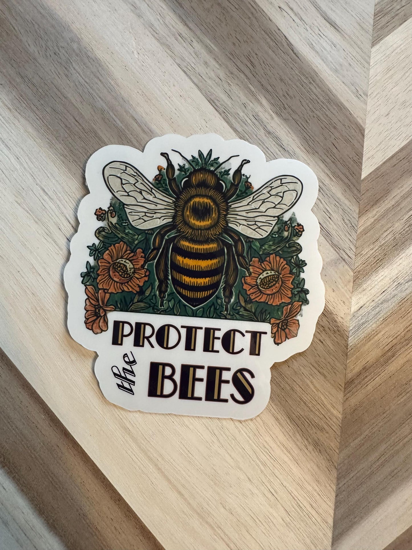 Protect The Bees Sticker - Save The Bees Vinyl Decal with Vintage Floral Design