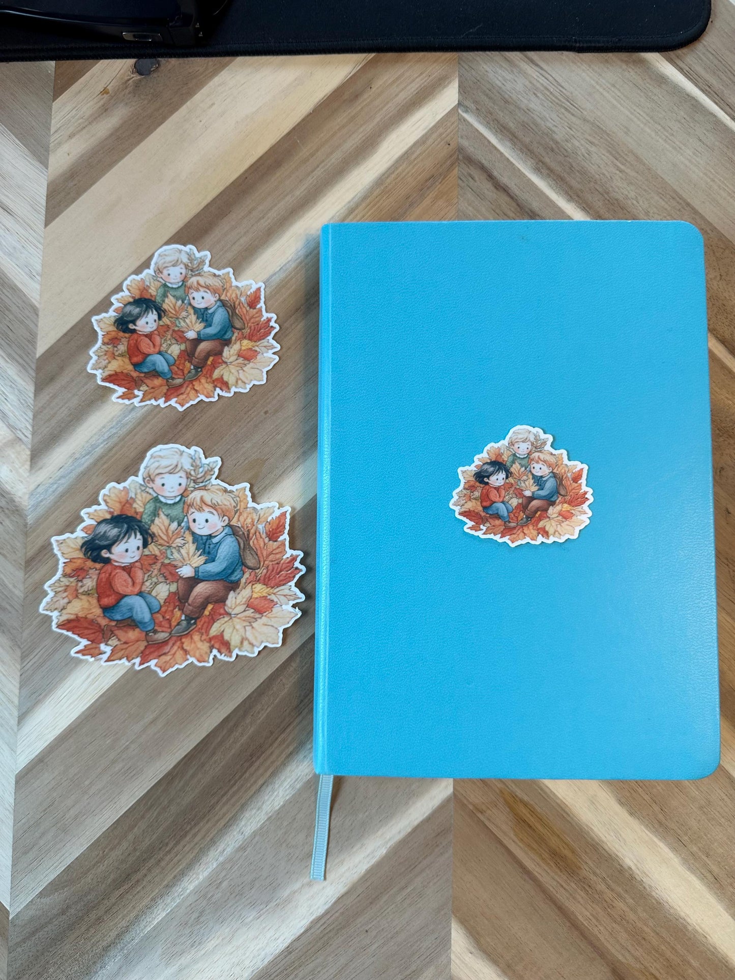 Cute Fall Kids Playing in Leaves Sticker - Autumn Children Watercolor Vinyl Sticker