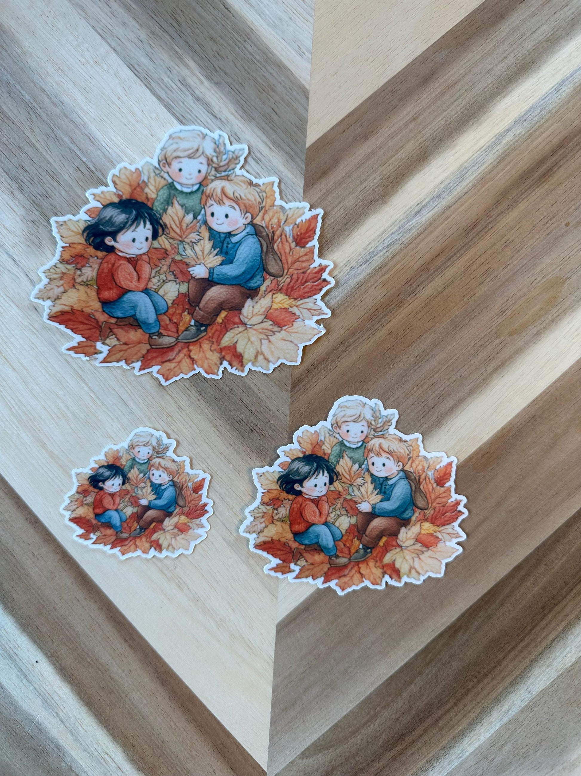 Cute Fall Kids Playing in Leaves Sticker - Autumn Children Watercolor Vinyl Sticker