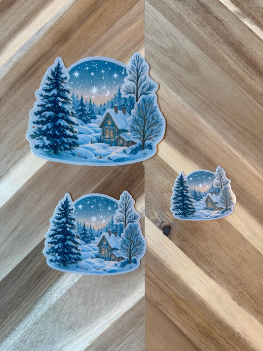 Winter Cabin Sticker | Snowy Cottage Watercolor Decal | Cozy Christmas Scene Vinyl Sticker | Winter Landscape