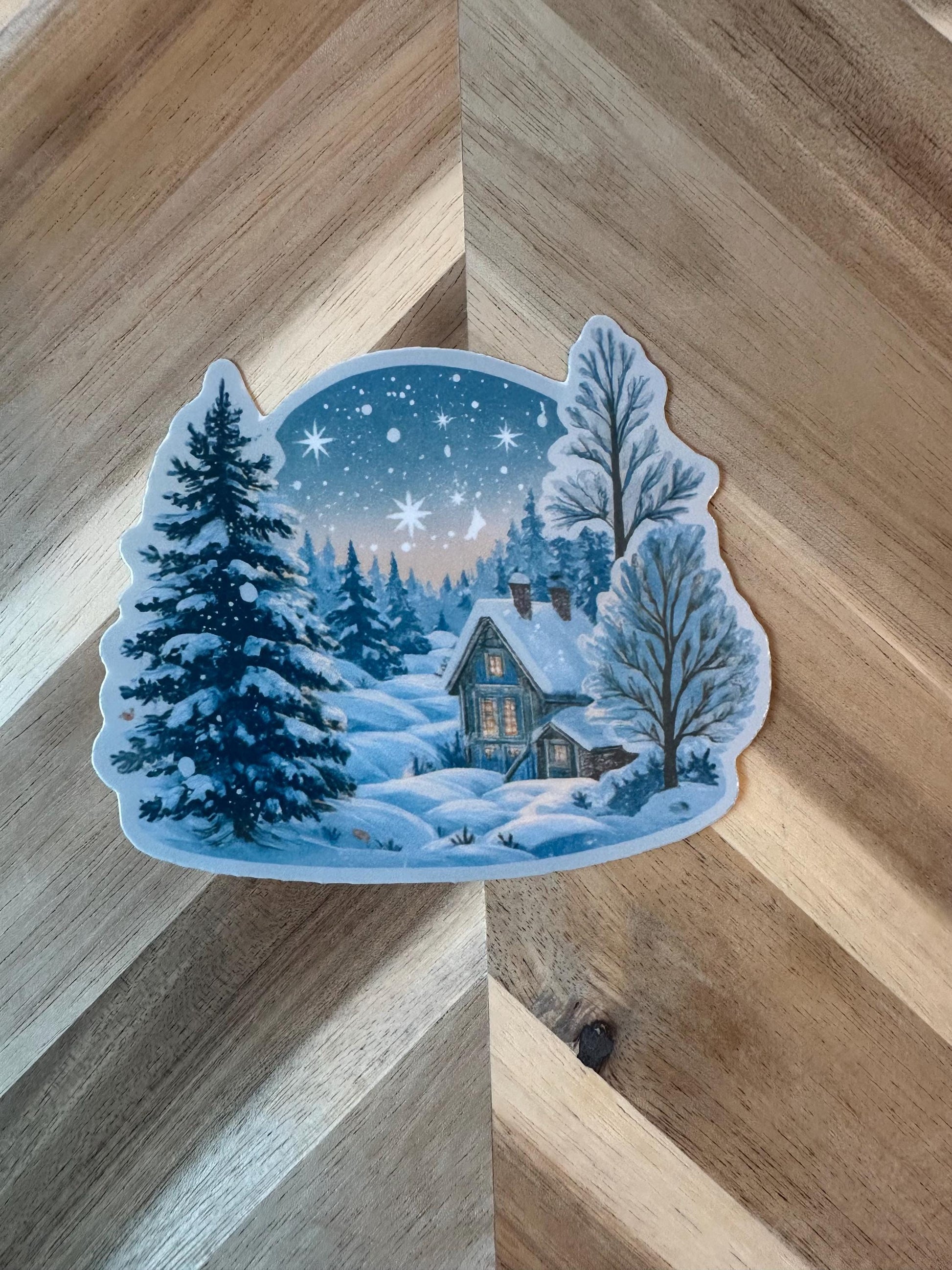 Winter Cabin Sticker | Snowy Cottage Watercolor Decal | Cozy Christmas Scene Vinyl Sticker | Winter Landscape