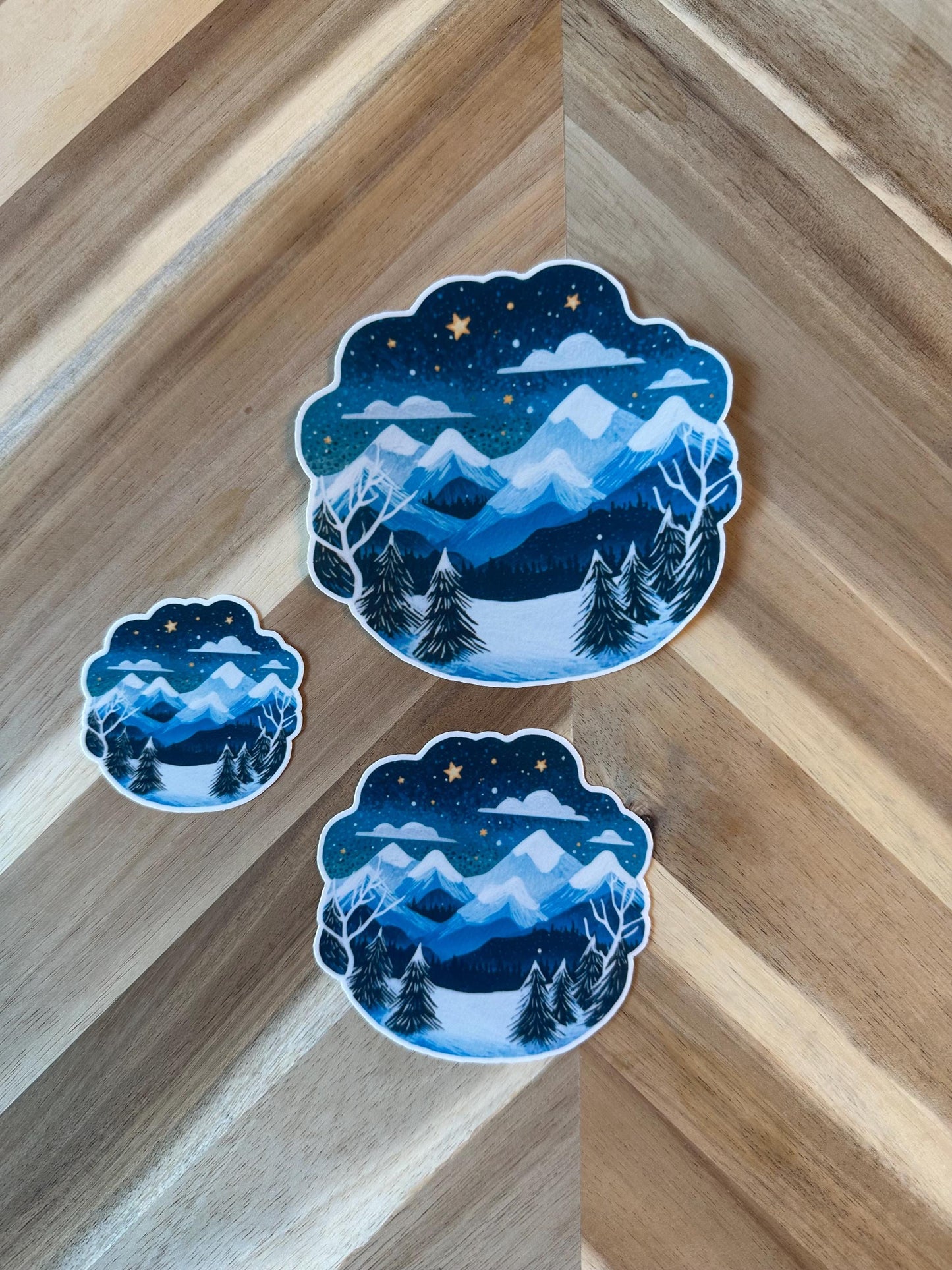 Winter Mountain Sticker | Snowy Landscape Watercolor Decal | Night Sky Stars Vinyl Sticker | Nature Scene | Outdoor Adventure