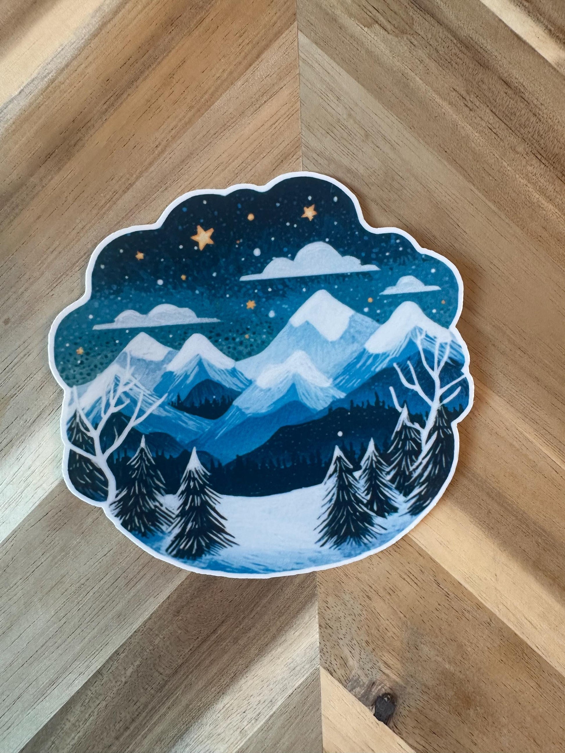 Winter Mountain Sticker | Snowy Landscape Watercolor Decal | Night Sky Stars Vinyl Sticker | Nature Scene | Outdoor Adventure