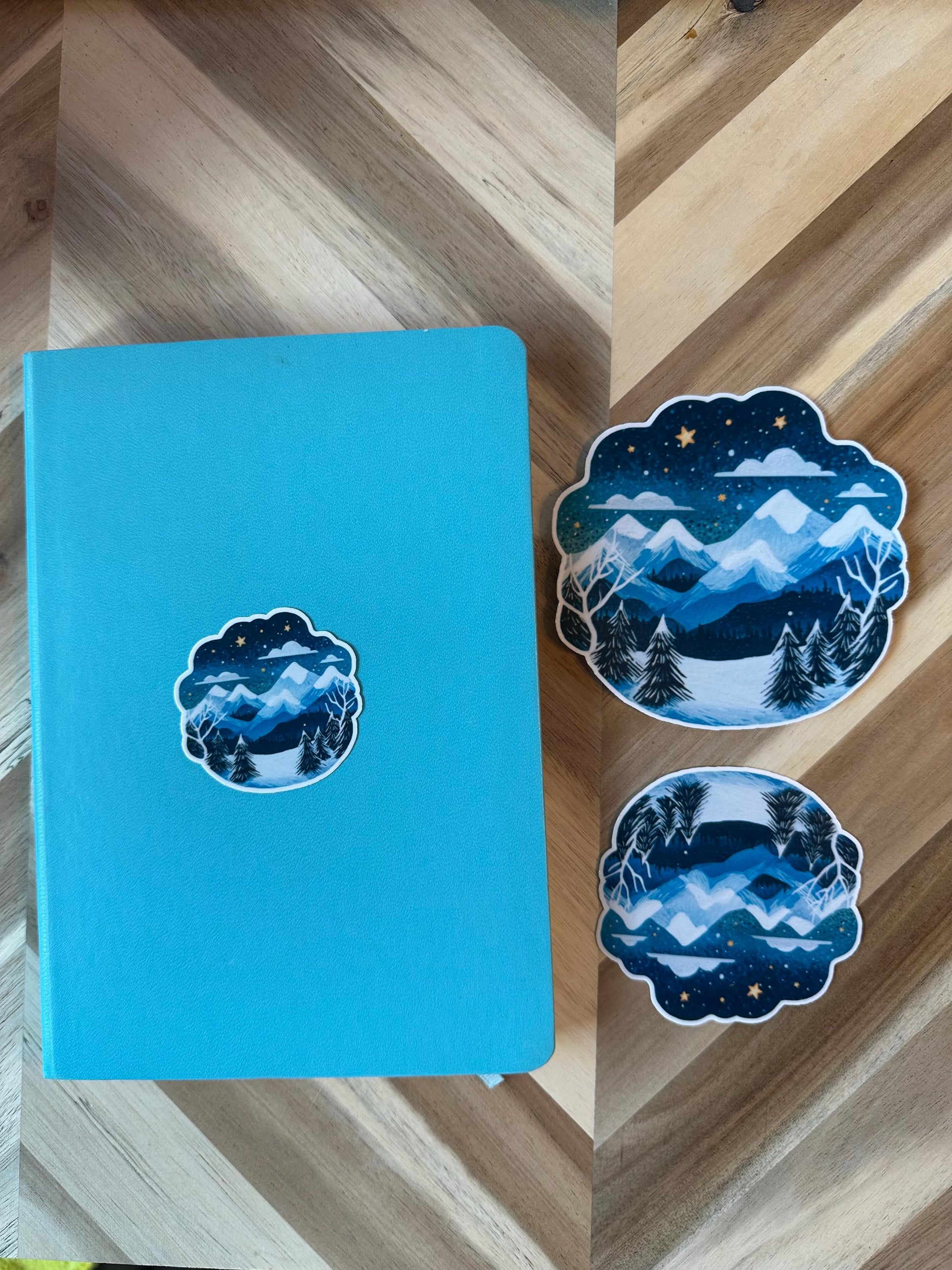 Winter Mountain Sticker | Snowy Landscape Watercolor Decal | Night Sky Stars Vinyl Sticker | Nature Scene | Outdoor Adventure