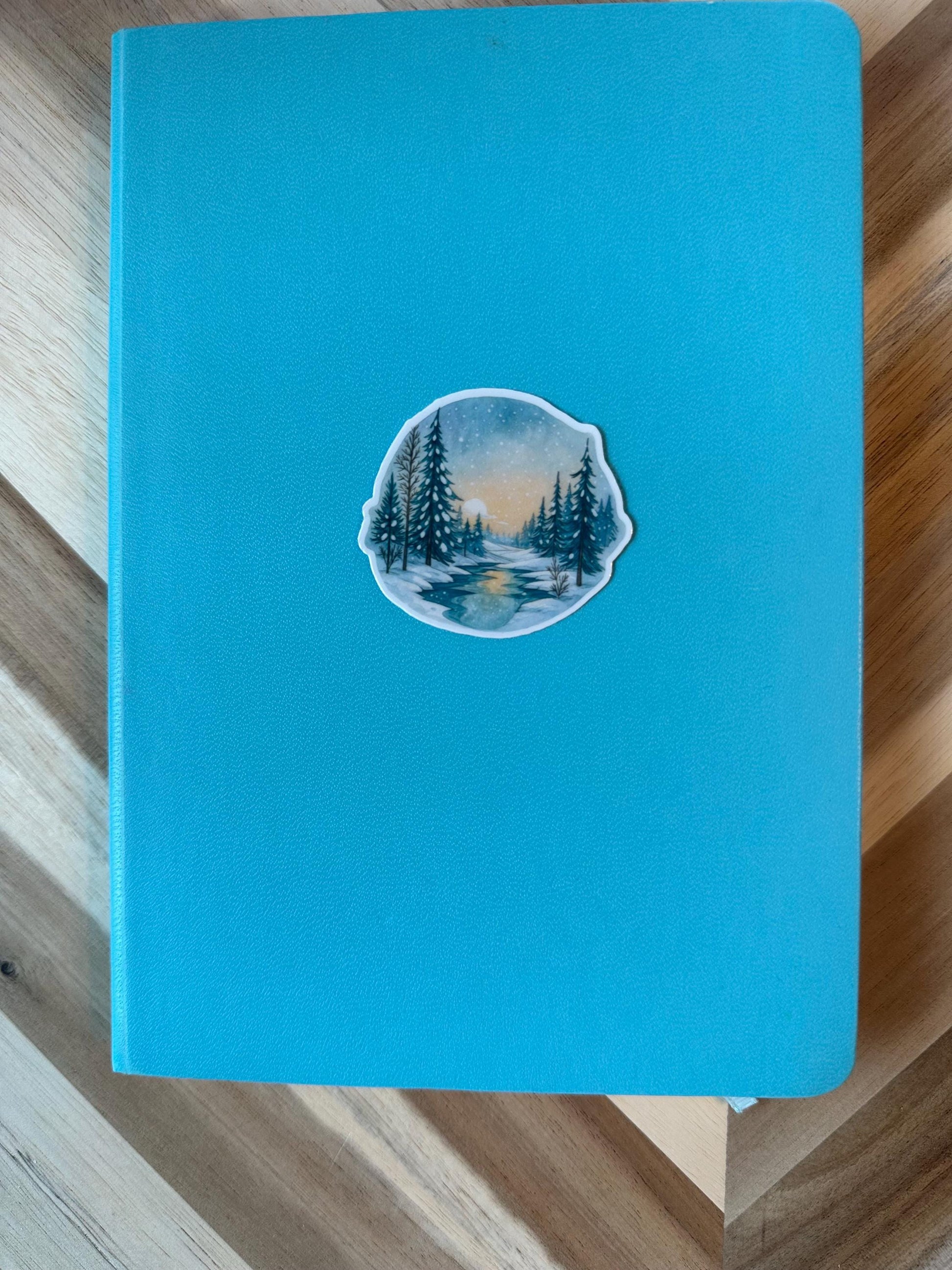 Winter Stream Sticker | Snowy Forest Watercolor Decal | Pine Trees River Scene | Nature Landscape Vinyl Sticker