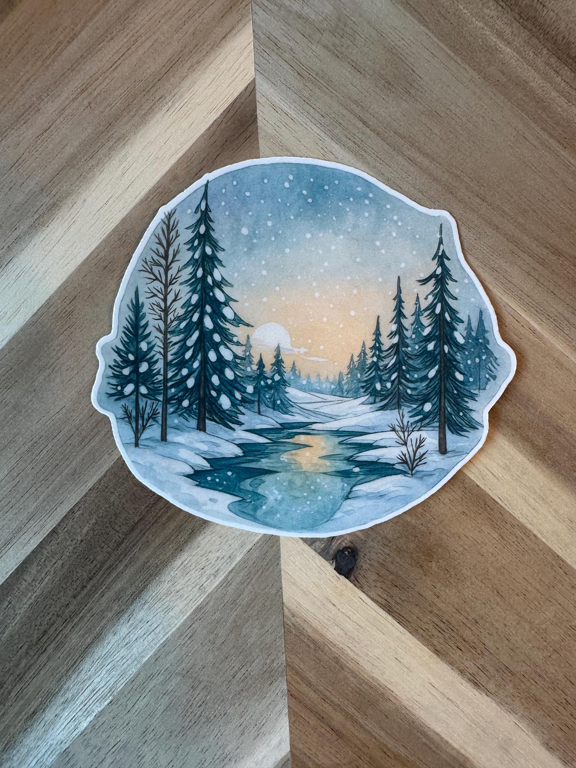 Winter Stream Sticker | Snowy Forest Watercolor Decal | Pine Trees River Scene | Nature Landscape Vinyl Sticker