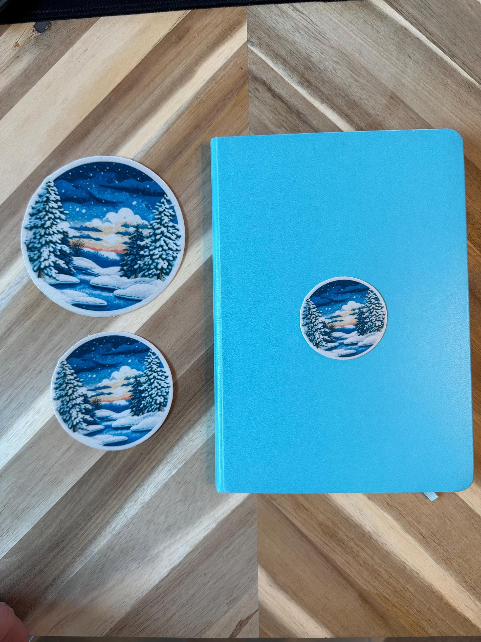 Winter Sunset Sticker | Snowy Forest Stream Watercolor Decal | Mountain Landscape Vinyl Sticker | Nature Scene Circle