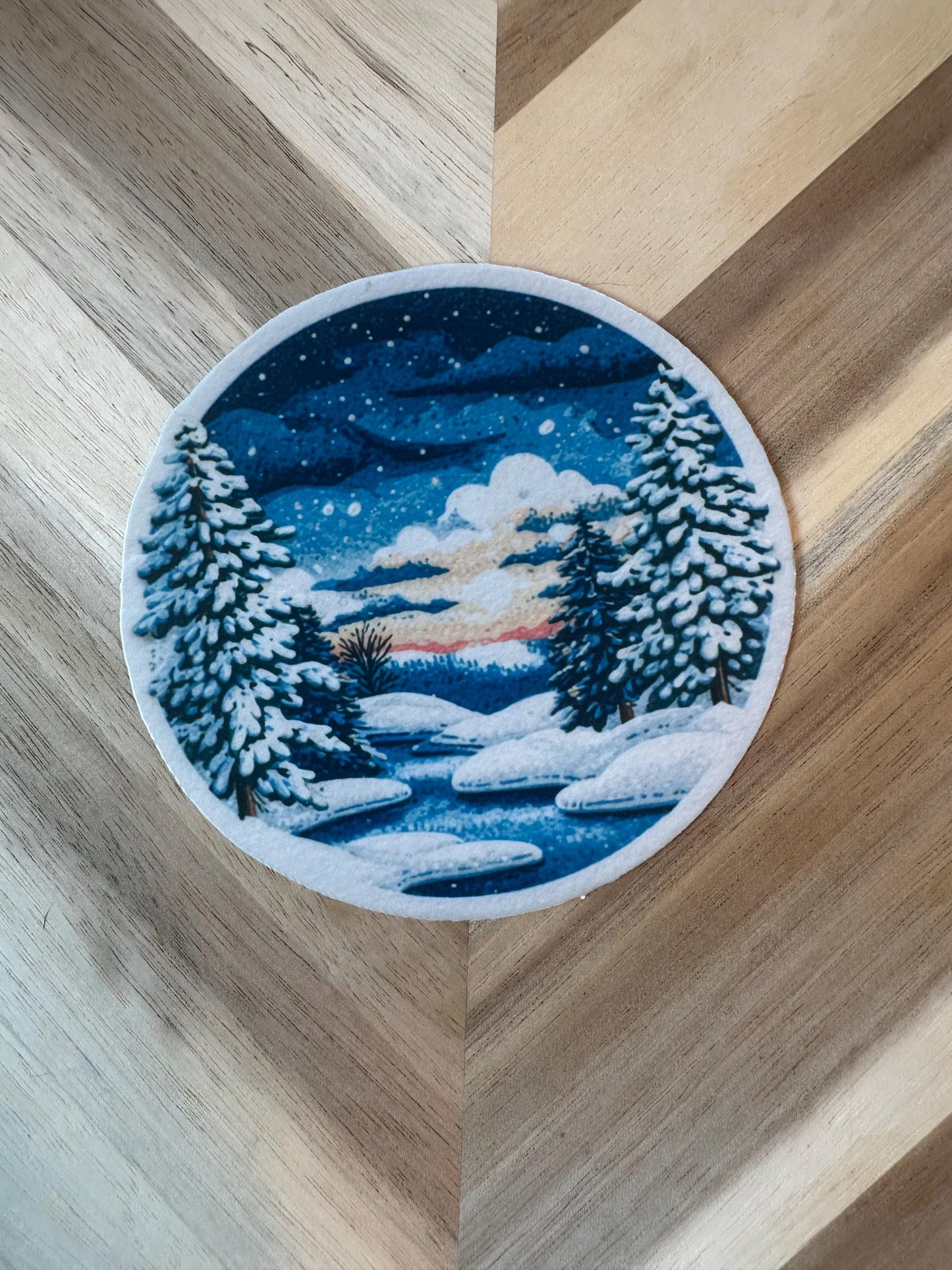Winter Sunset Sticker | Snowy Forest Stream Watercolor Decal | Mountain Landscape Vinyl Sticker | Nature Scene Circle