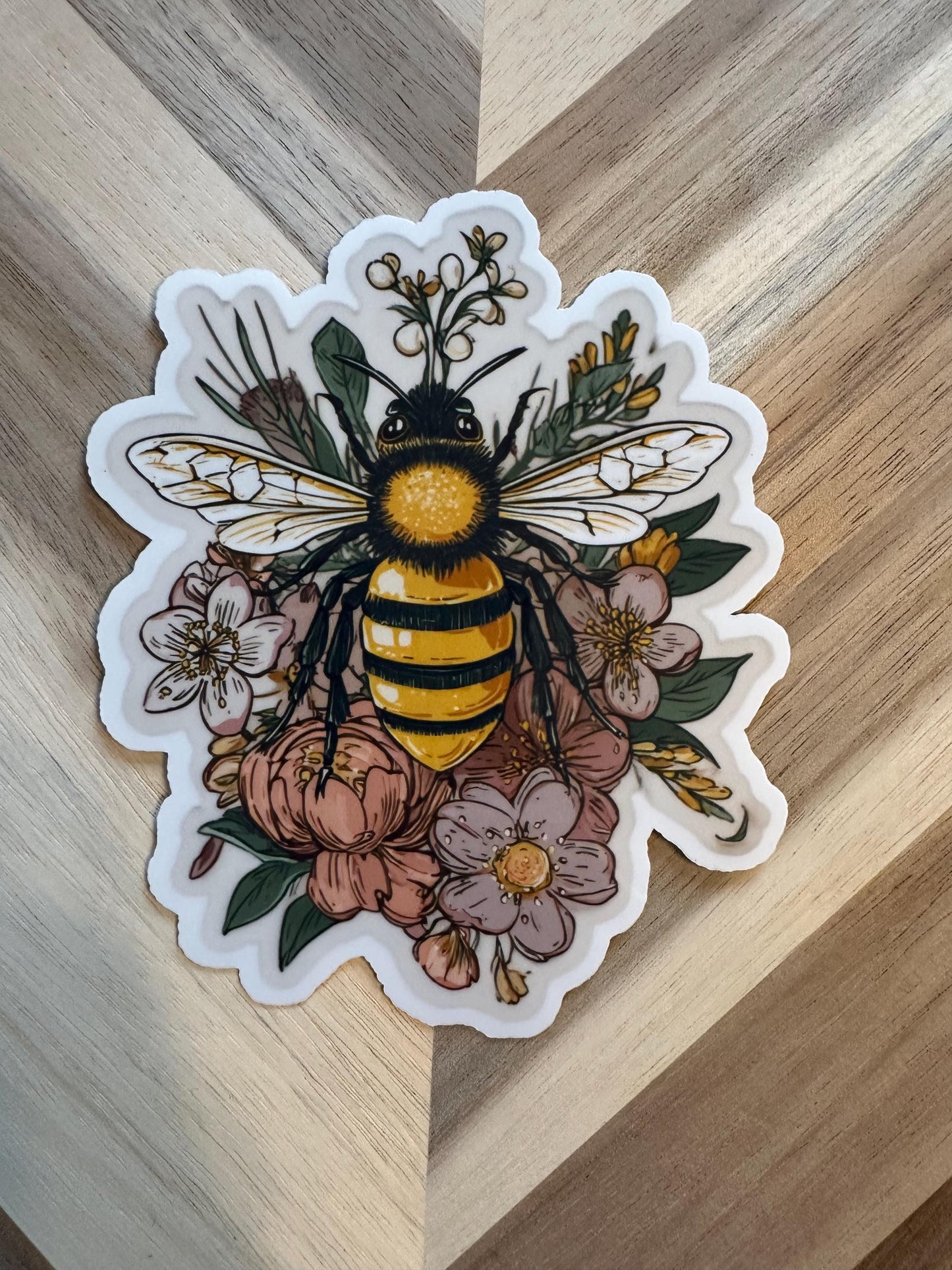 Bee and Floral Sticker - Vintage Botanical Honeybee with Flowers Vinyl Decal