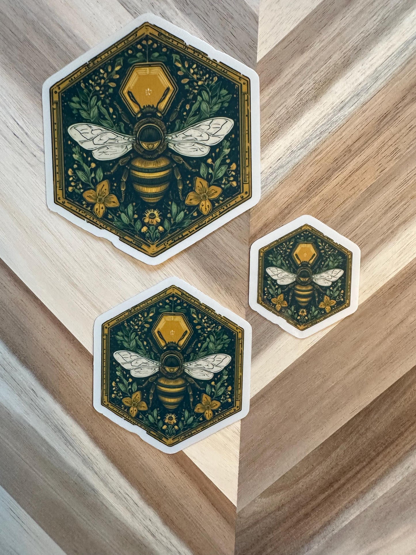 Hexagon Bee Sticker - Art Nouveau Honeycomb Design with Botanical Florals | Vintage Bee Decal