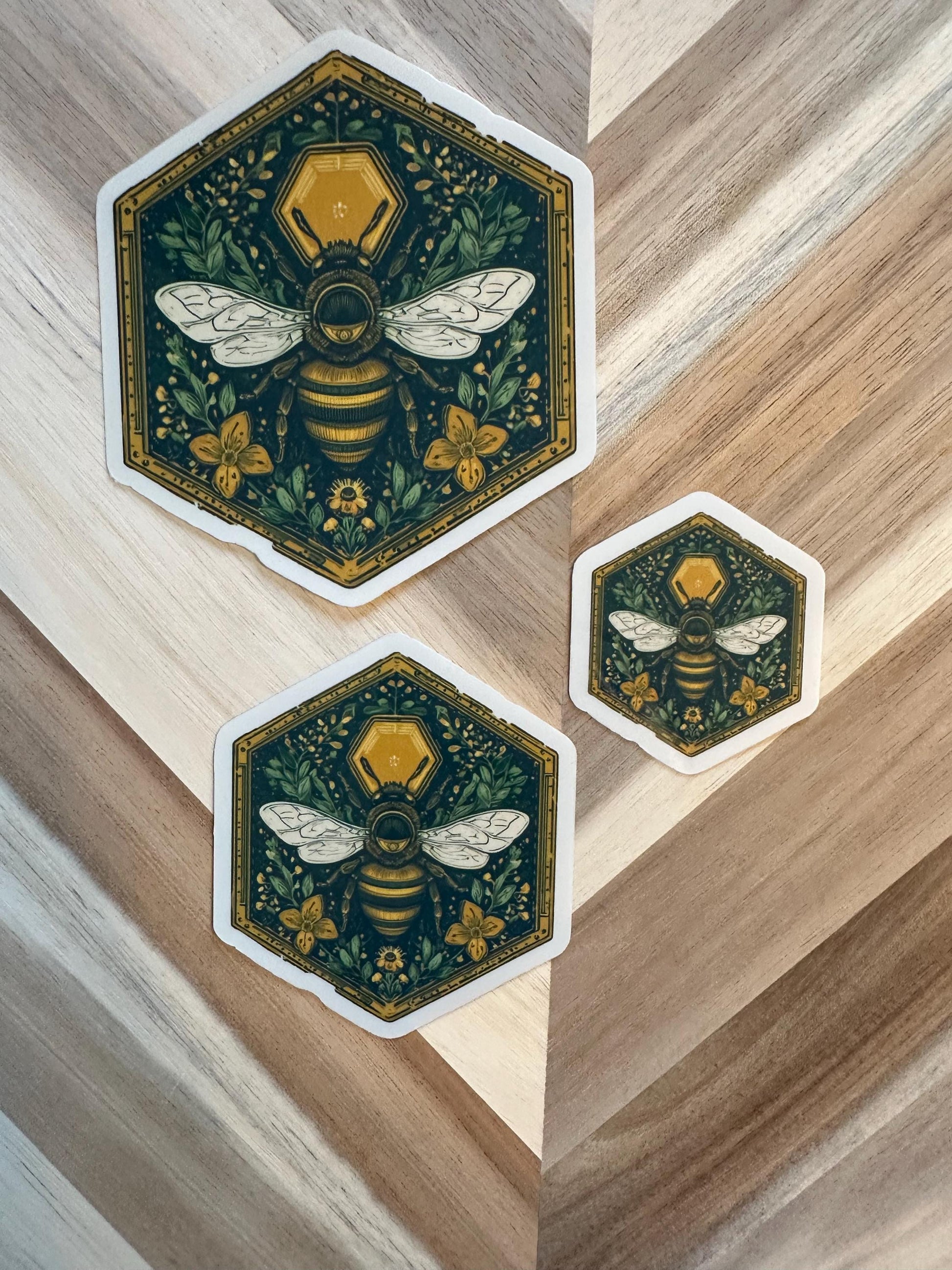 Hexagon Bee Sticker - Art Nouveau Honeycomb Design with Botanical Florals | Vintage Bee Decal