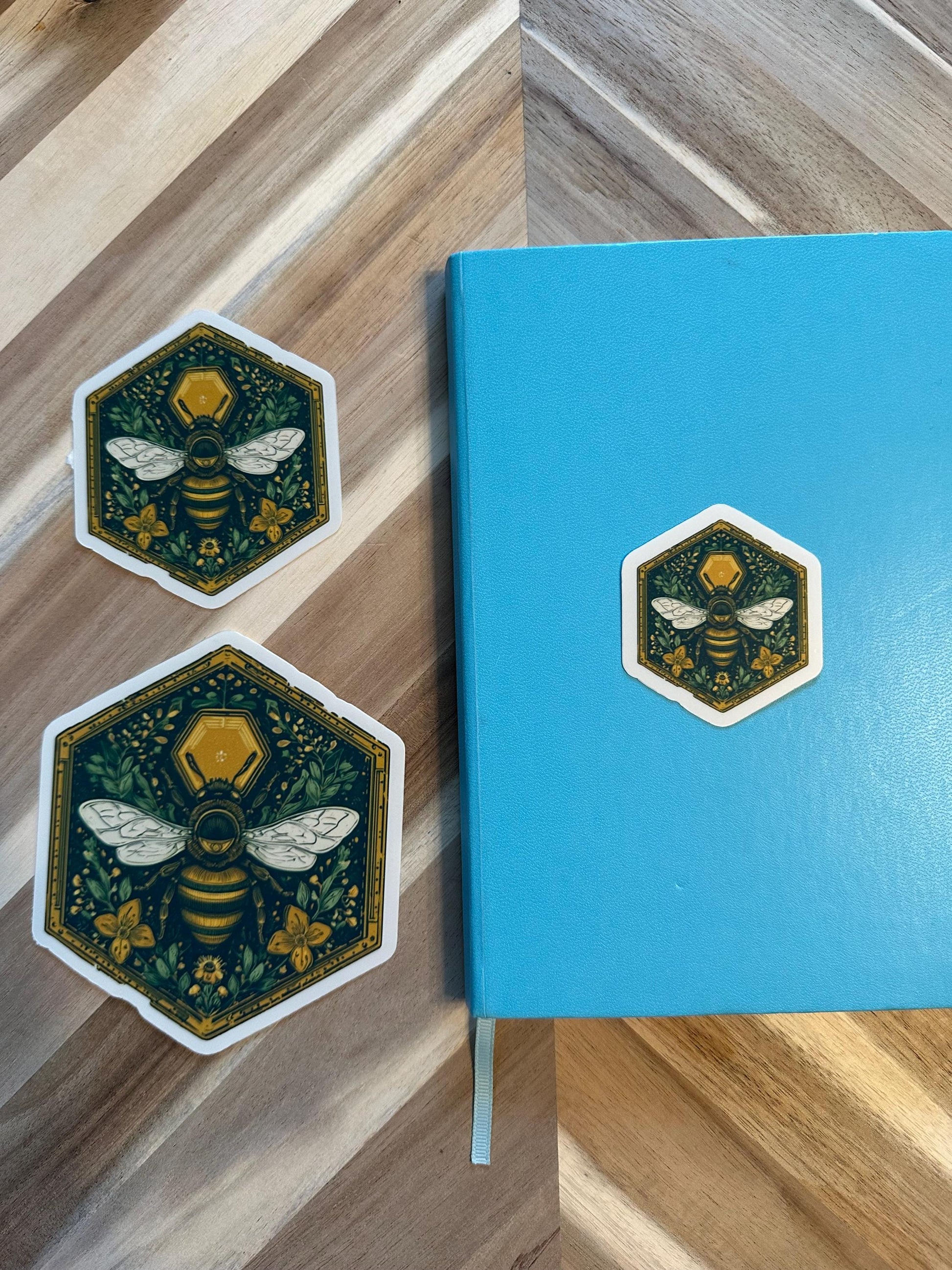 Hexagon Bee Sticker - Art Nouveau Honeycomb Design with Botanical Florals | Vintage Bee Decal