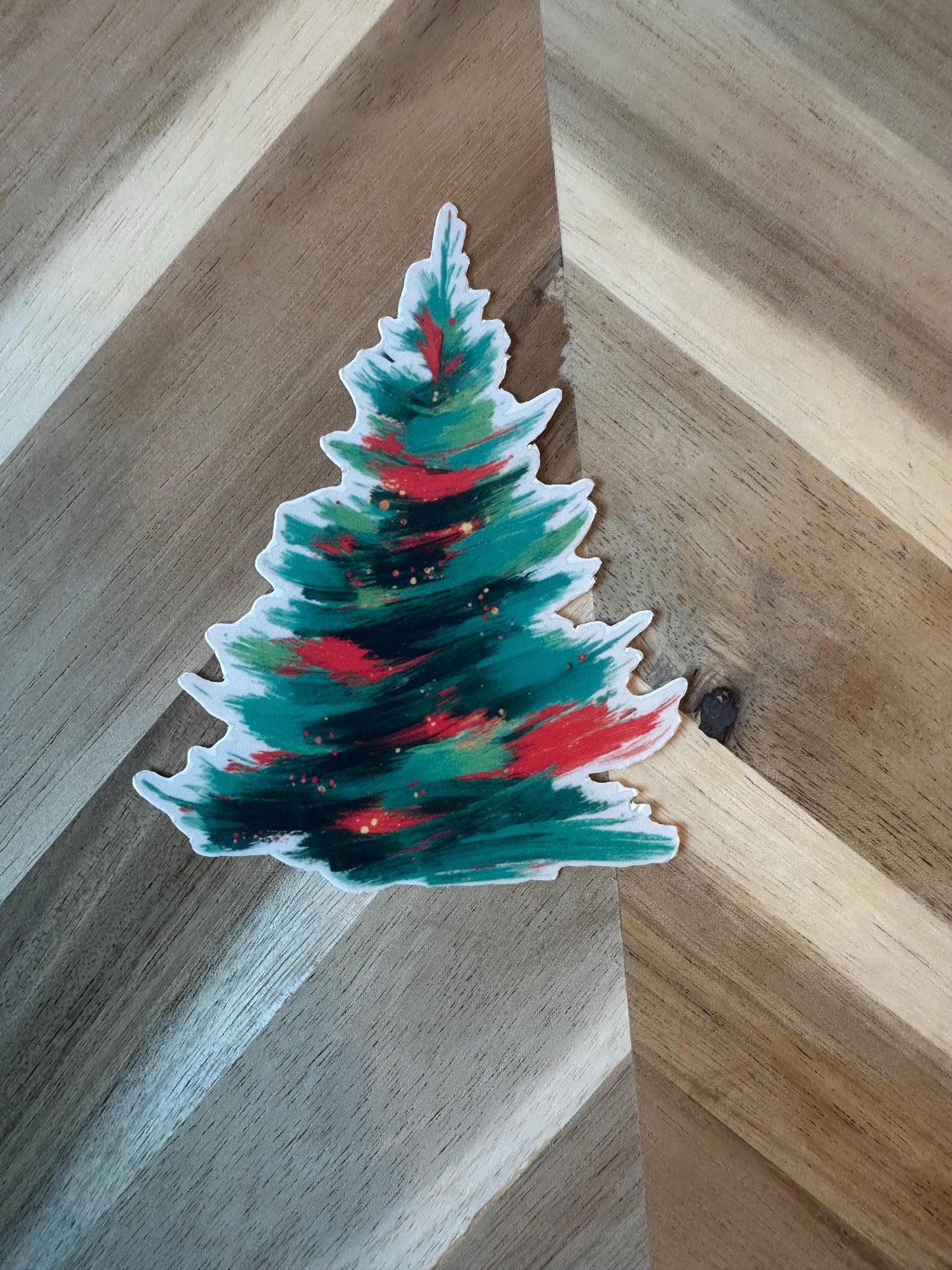 Abstract Christmas Tree Sticker | Painted Holiday Decal | Artistic Xmas Tree Vinyl Sticker | Teal Red Festive Sticker