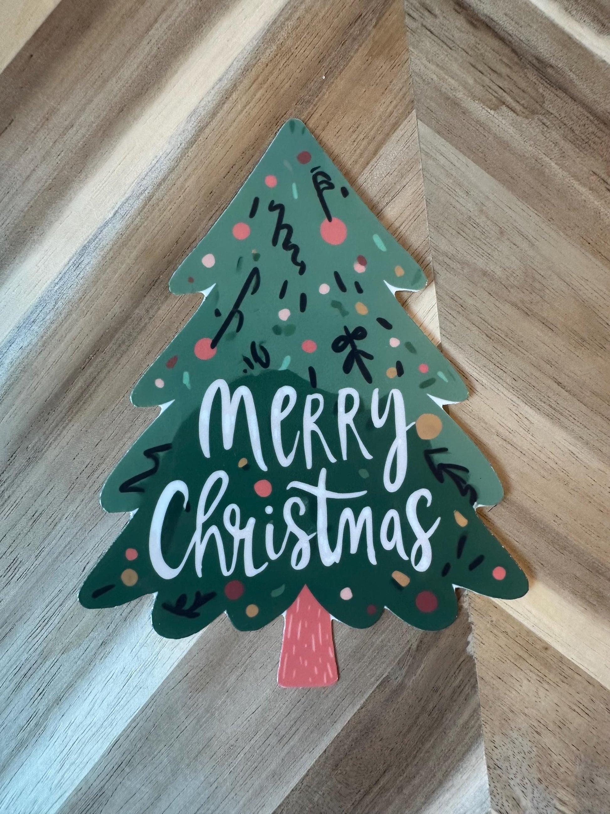 Merry Christmas Tree Sticker | Holiday Greeting Decal | Festive Xmas Vinyl Sticker | Hand Lettered Christmas Decor