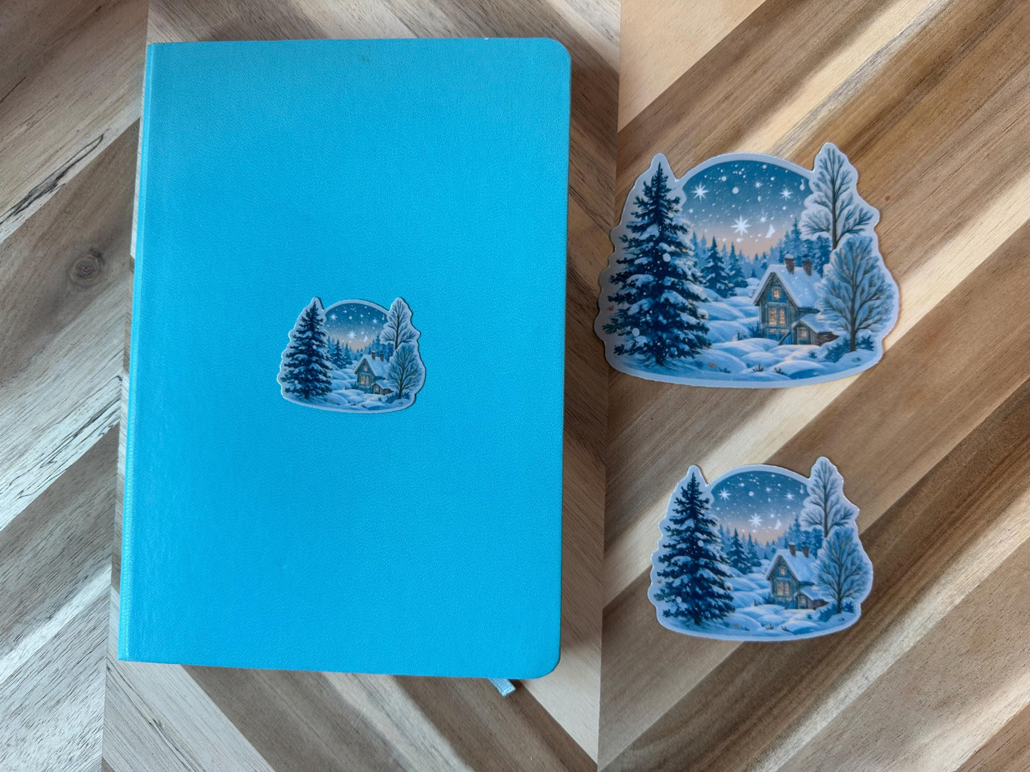 Winter Cabin Sticker | Snowy Cottage Watercolor Decal | Cozy Christmas Scene Vinyl Sticker | Winter Landscape